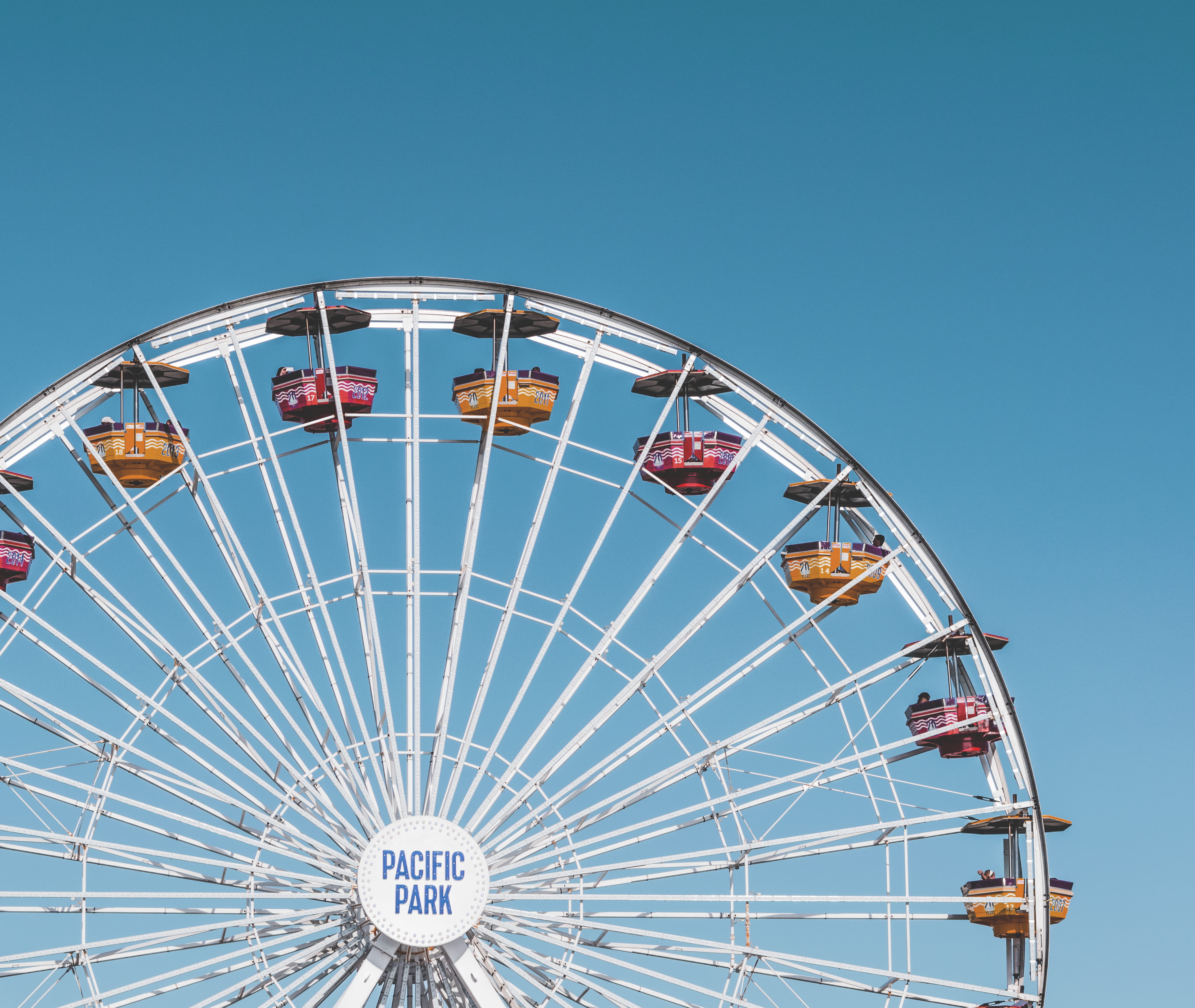 geometric shape, wheel, circle, leisure activity, amusement park ride, metal, funfair, white, fun, ferris, pacific, day, ferriswheel, sky, park, spoke, HD Wallpaper