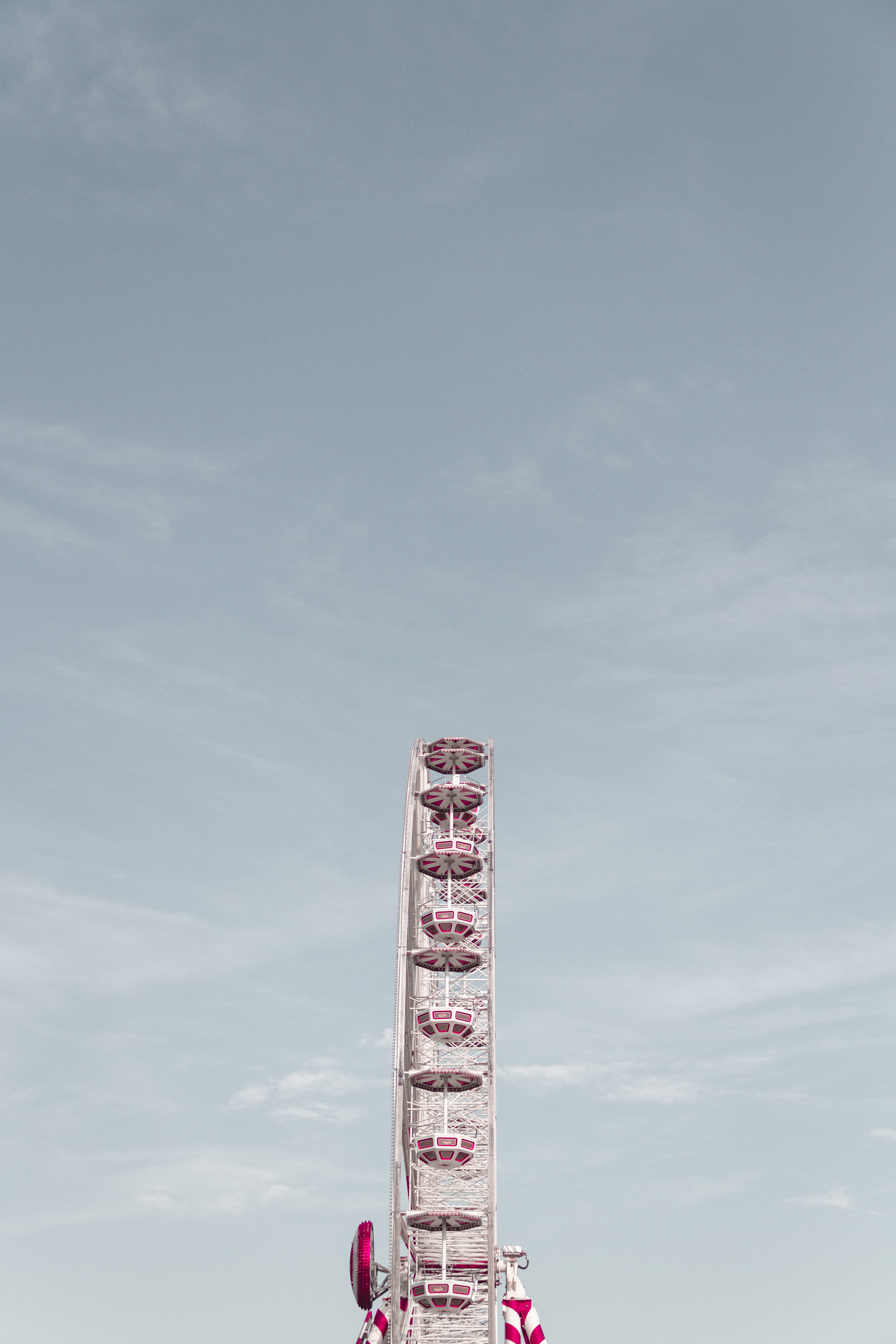 wheel, amusement park, photography, sky, 4K, tower, bird, high, minimalistic, blue, minimal, day, view, s, ferris wheel, minimalism, red, outdoors, eye, Phone HD Wallpaper