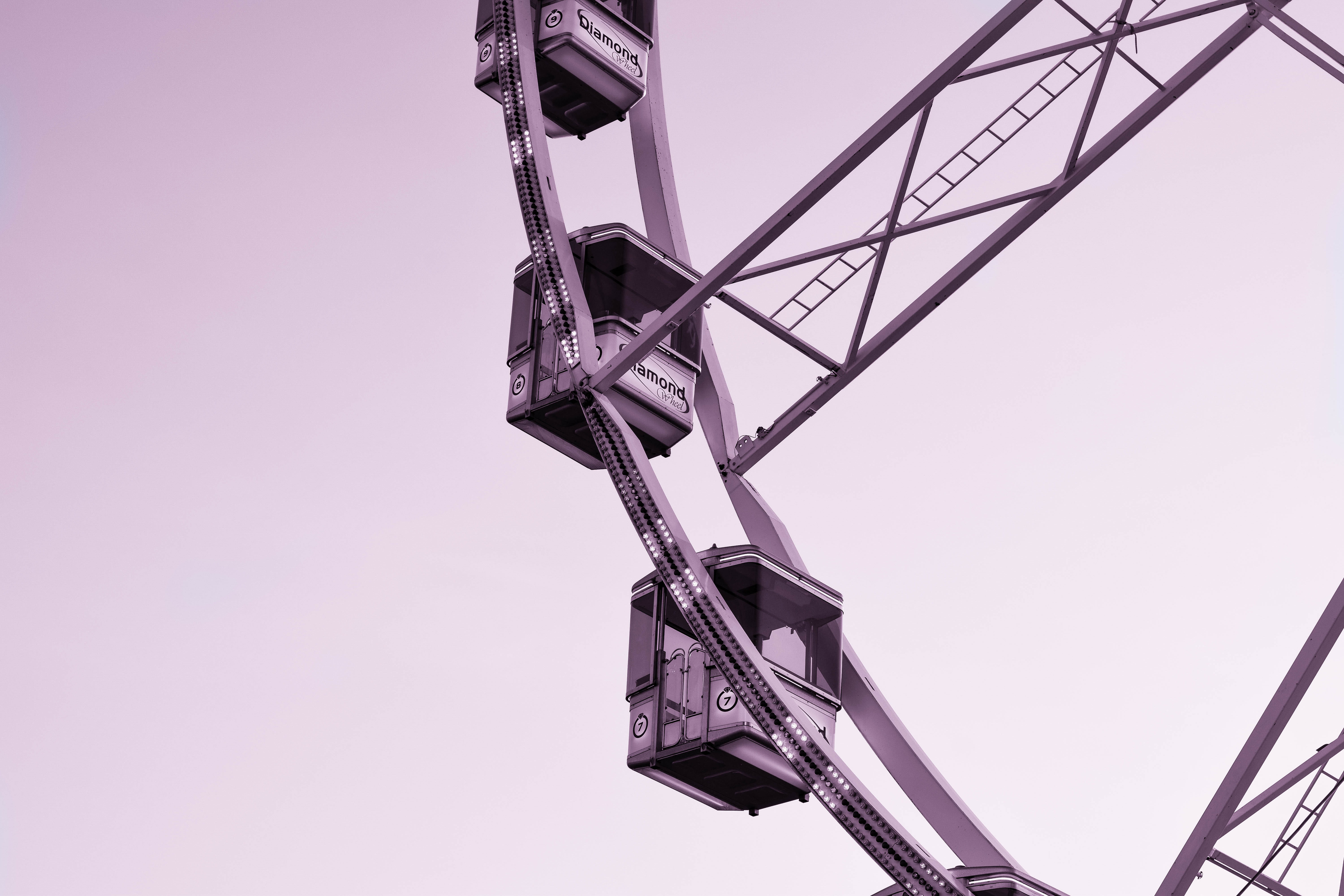 copy space, ferris wheel seat, metal, 5K, view, norium, photo, industry, amusement park, girder, ferriswheel, construction equipment, purple, ferris wheel, HD Wallpaper