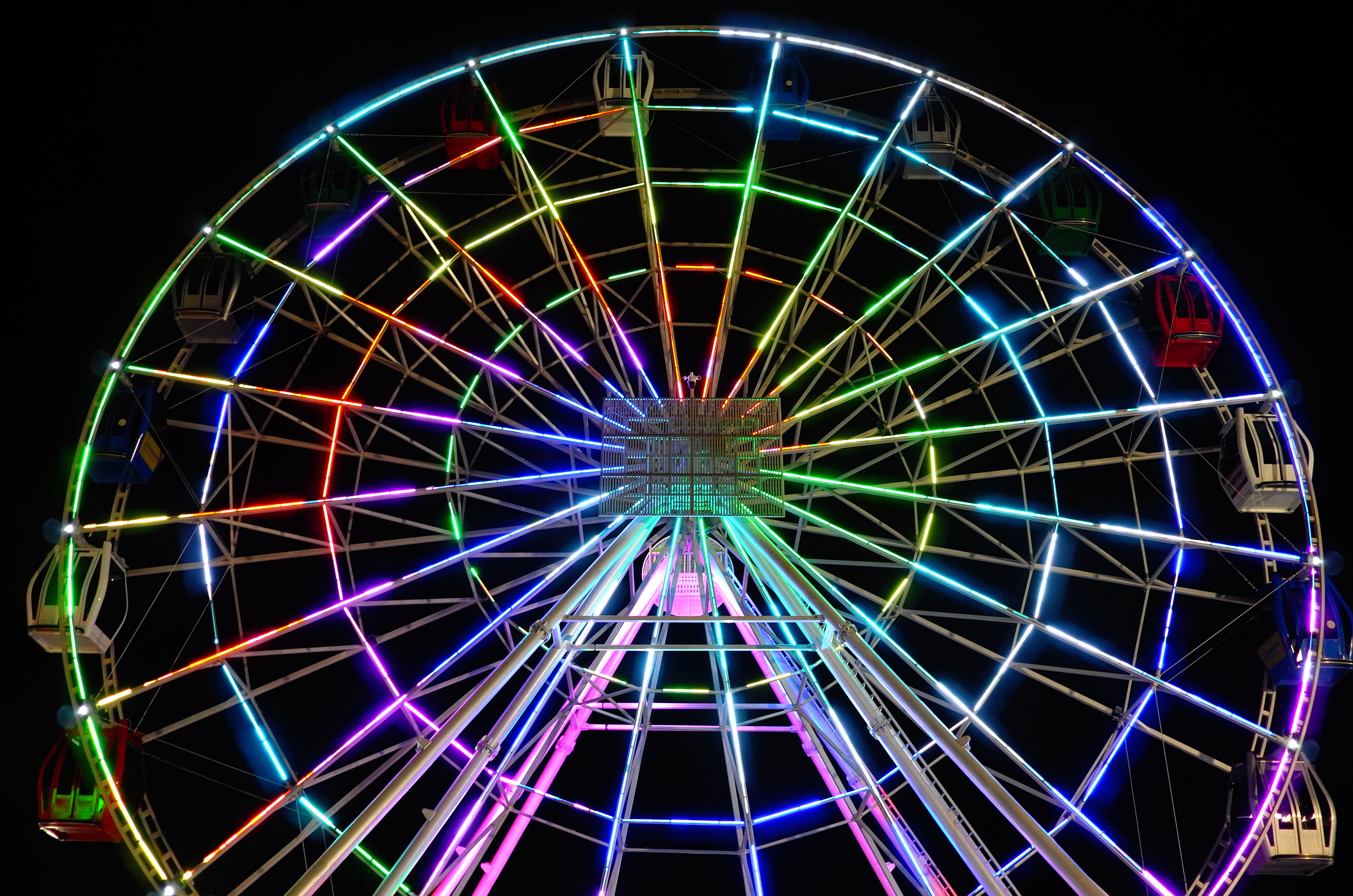 ferriswheel, amusement park, architecture, geometric shape, kazakhstan, built structure, no people, 4K, multi colored, amusement park ride, nature, illuminated, HD Wallpaper