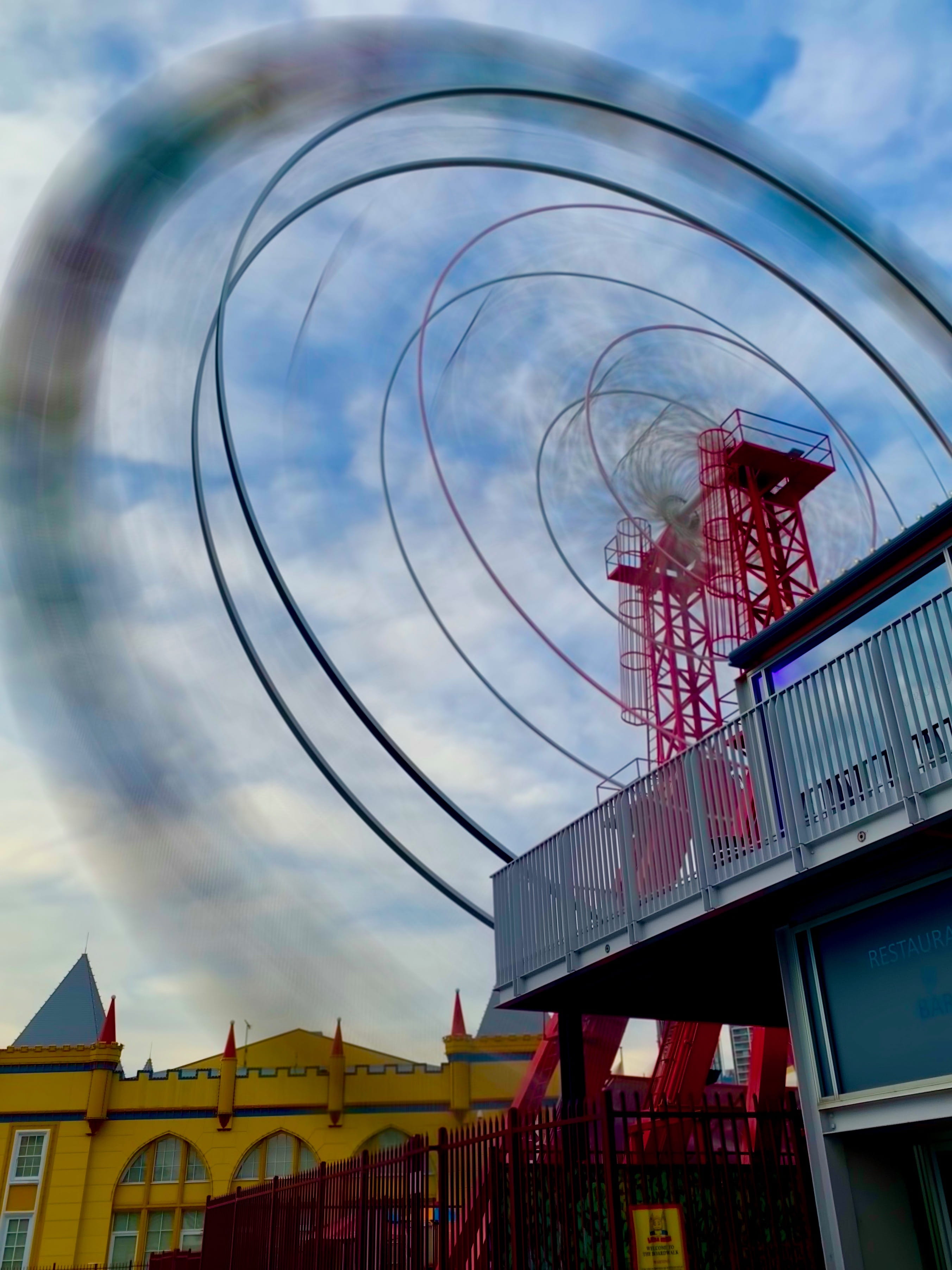 day, cloud - sky, creativity, art and craft, motion, outdoors, red, sky, 2K, architecture, ferriswheel, building exterior, built structure, city, metal, Phone HD Wallpaper