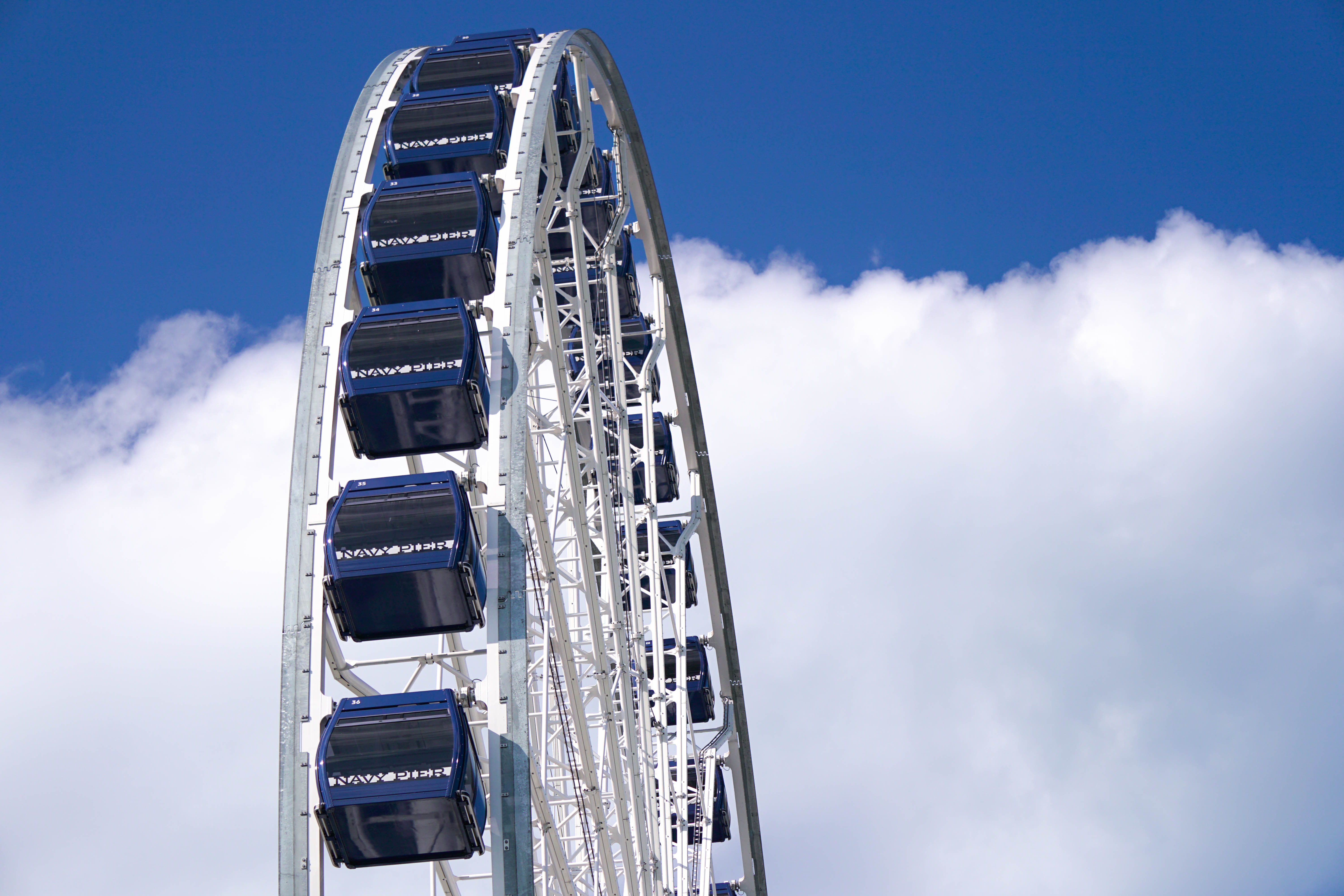 5K, navypier, leisure activity, fairground, cloud - sky, architecture, arts culture and entertainment, excitement, fun, motion, chicago, sky, blue, tourism, HD Wallpaper