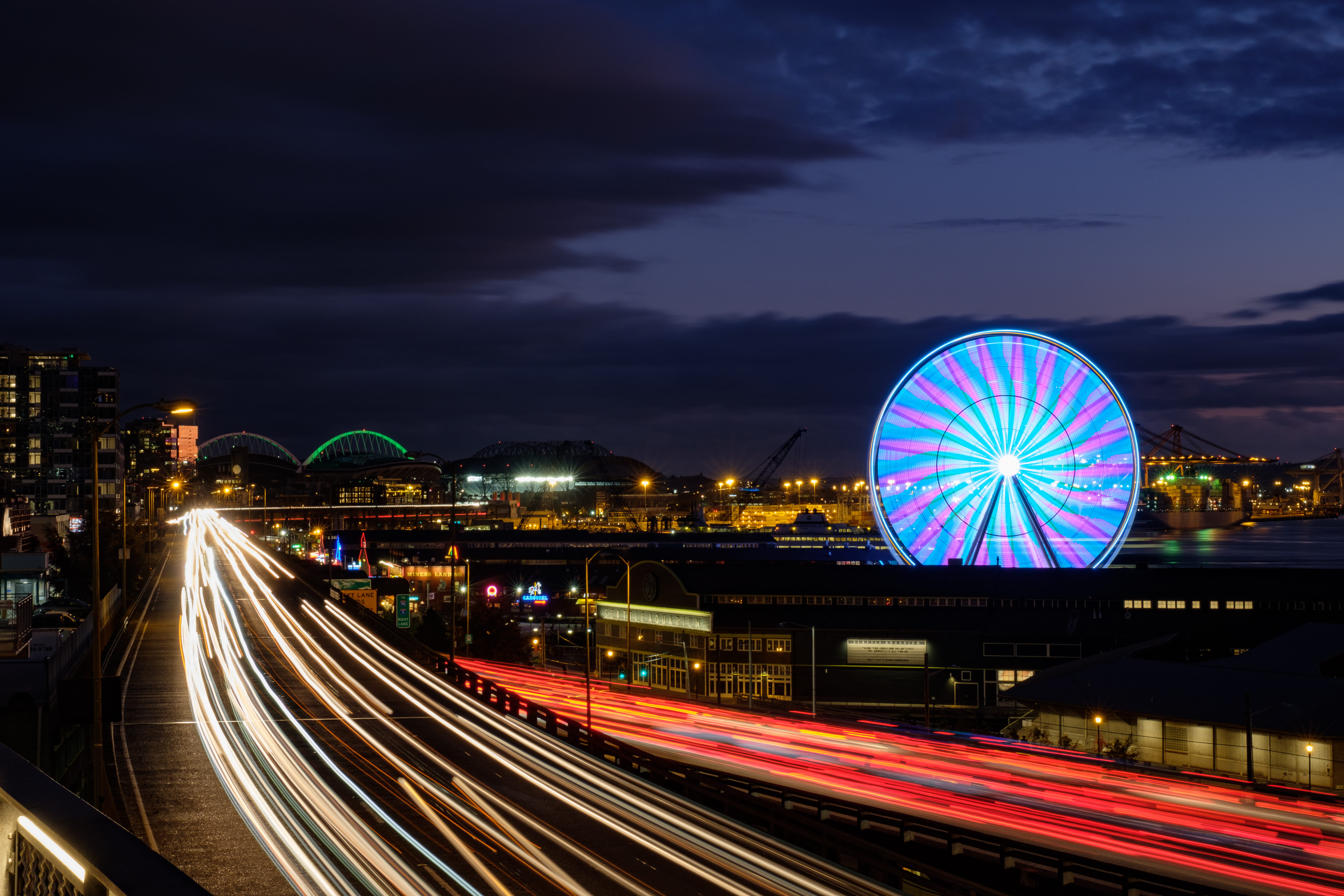 no people, ferriswheel, nighttime, transportation, illuminated, nightlife, bridge - man made structure, bridge, travel destinations, speed, building exterior, HD Wallpaper