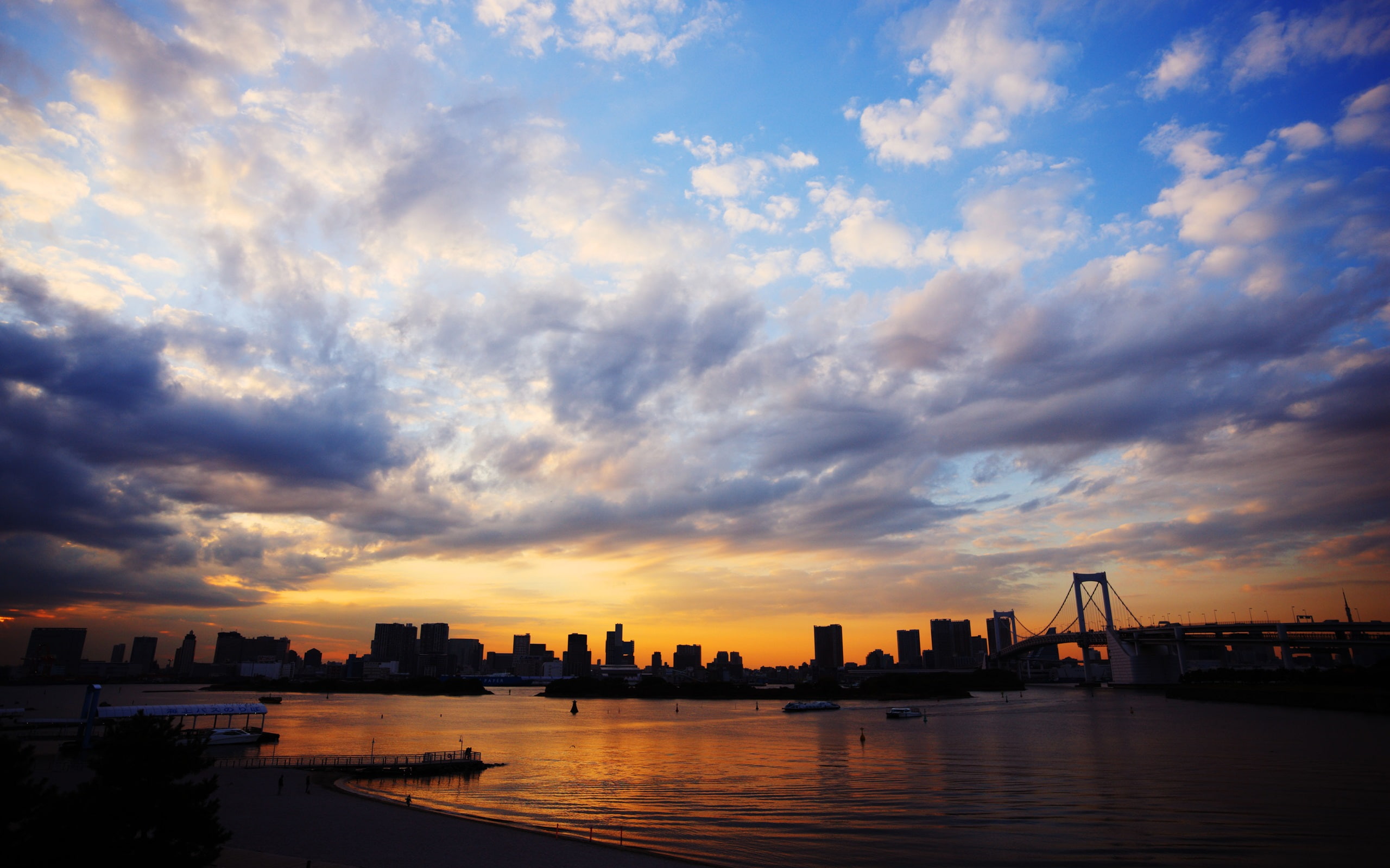 Sunset, Sky, Tokyo, City, Buildings, 2K, Sea, Japan, Clouds, Bridge, HD Wallpaper