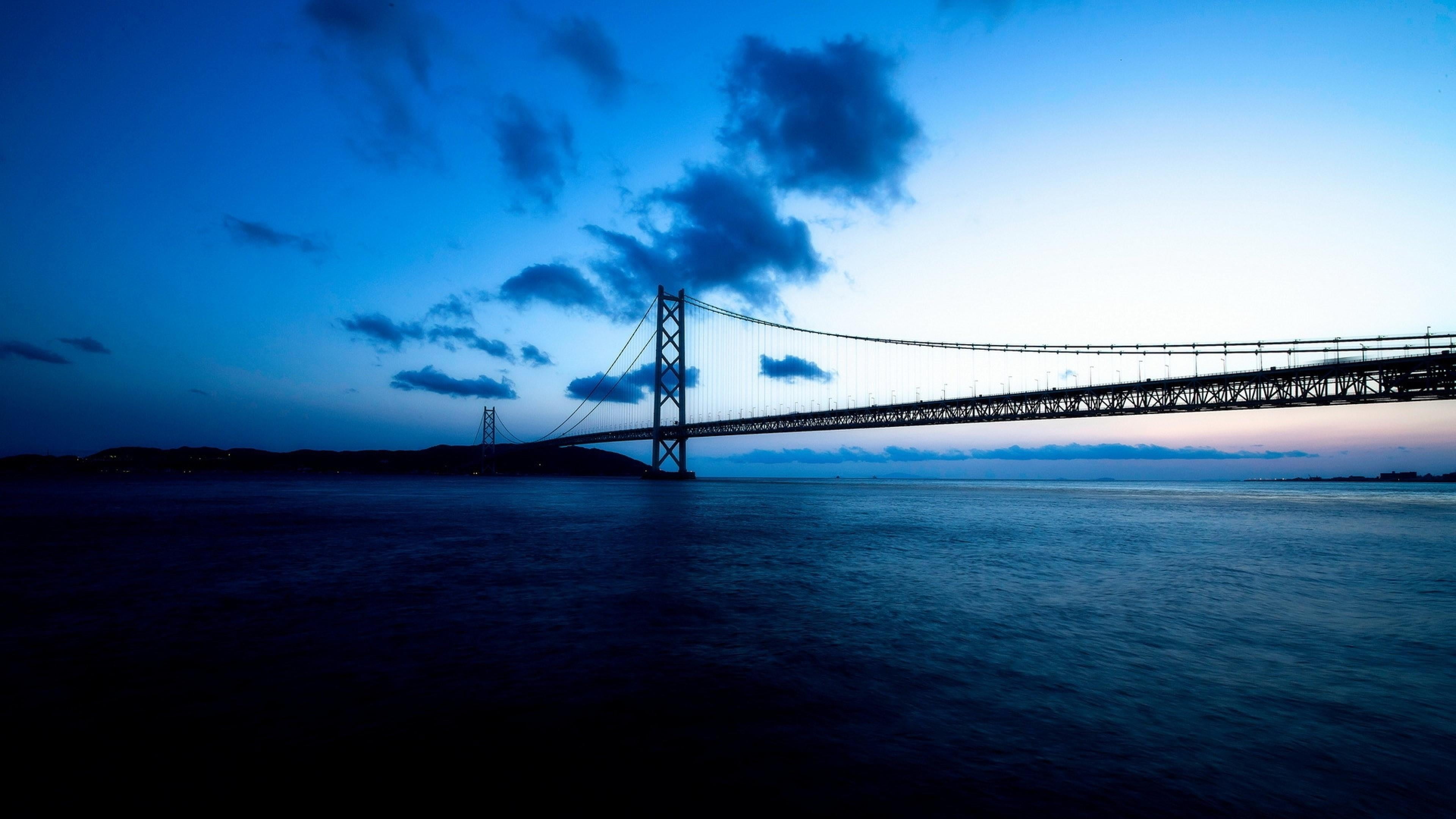 architecture, tranquil scene, 4K, pearl bridge, water, built structure, blue sky, asia, river, bay, sky, travel destinations, tranquility, no people, japan, HD Wallpaper