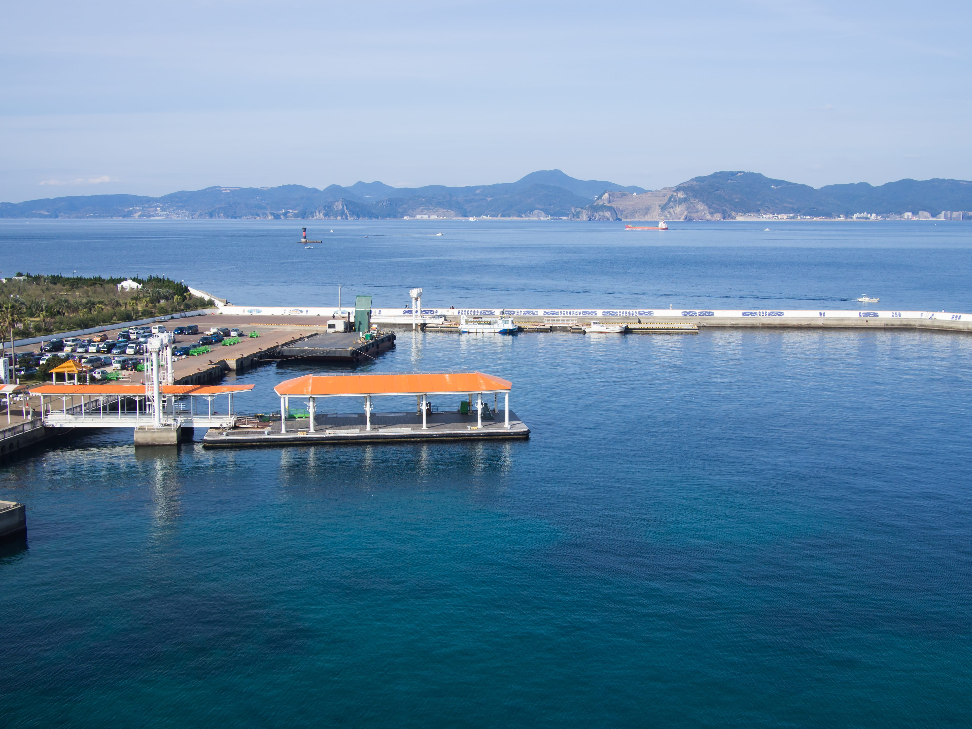 4K, beauty in nature, transportation, Sea, sky, Port, day, blue, Japan, Nagasaki, architecture, water, waterfront, View, port, nautical vessel, passenger craft, HD Wallpaper
