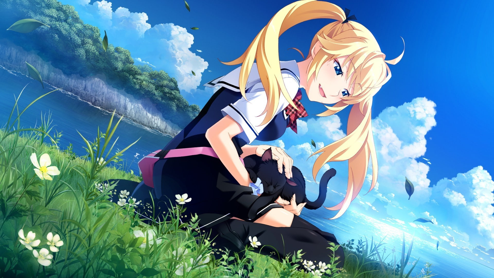 cat blue eyes blonde clouds grass flowers nature sea water school uniform grisaia no kajitsu matsushima michiru, 1080P, HD Wallpaper