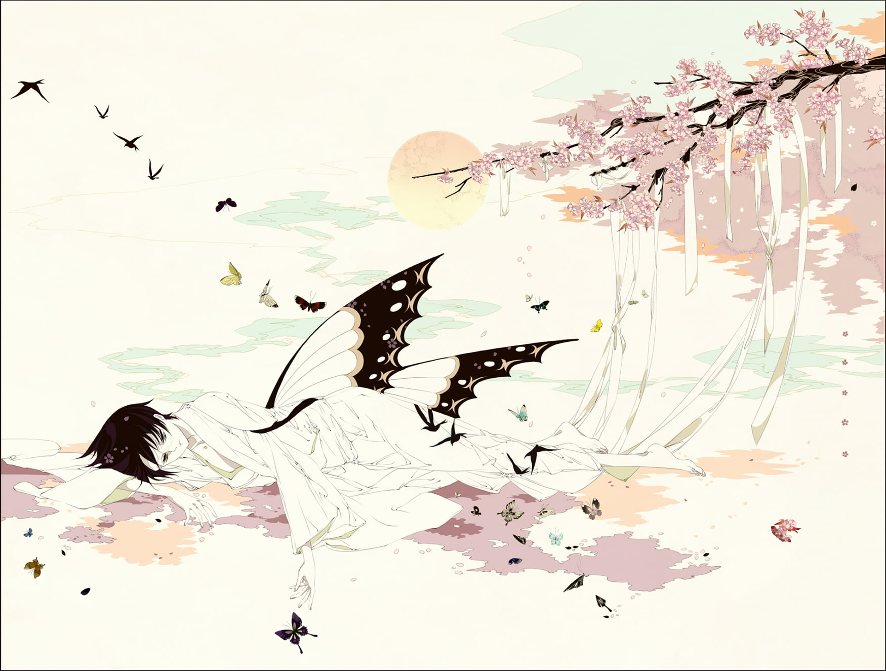 blossoms, ribbons, barefoot, kimihiro, shishunki, xxxholic, cherry, kimono, 720P, bicolored, glasses, animal, eyes, japanese, watanuki, petals, butterfly, HD Wallpaper