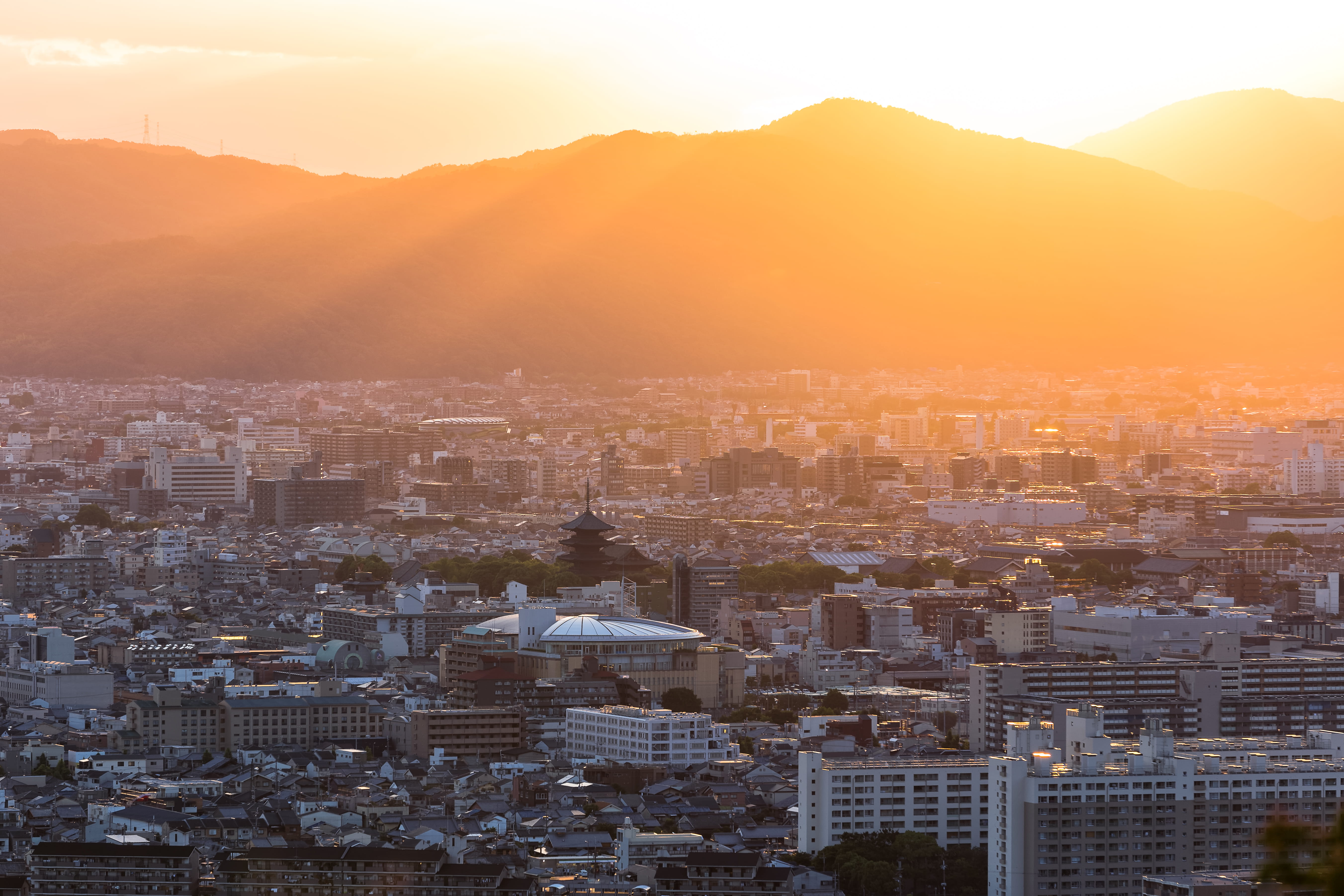 high angle view, kyoto, sun, hiking, orange, tower, explore, reflections, no people, building, building exterior, buildings, travel destinations, urban skyline, HD Wallpaper