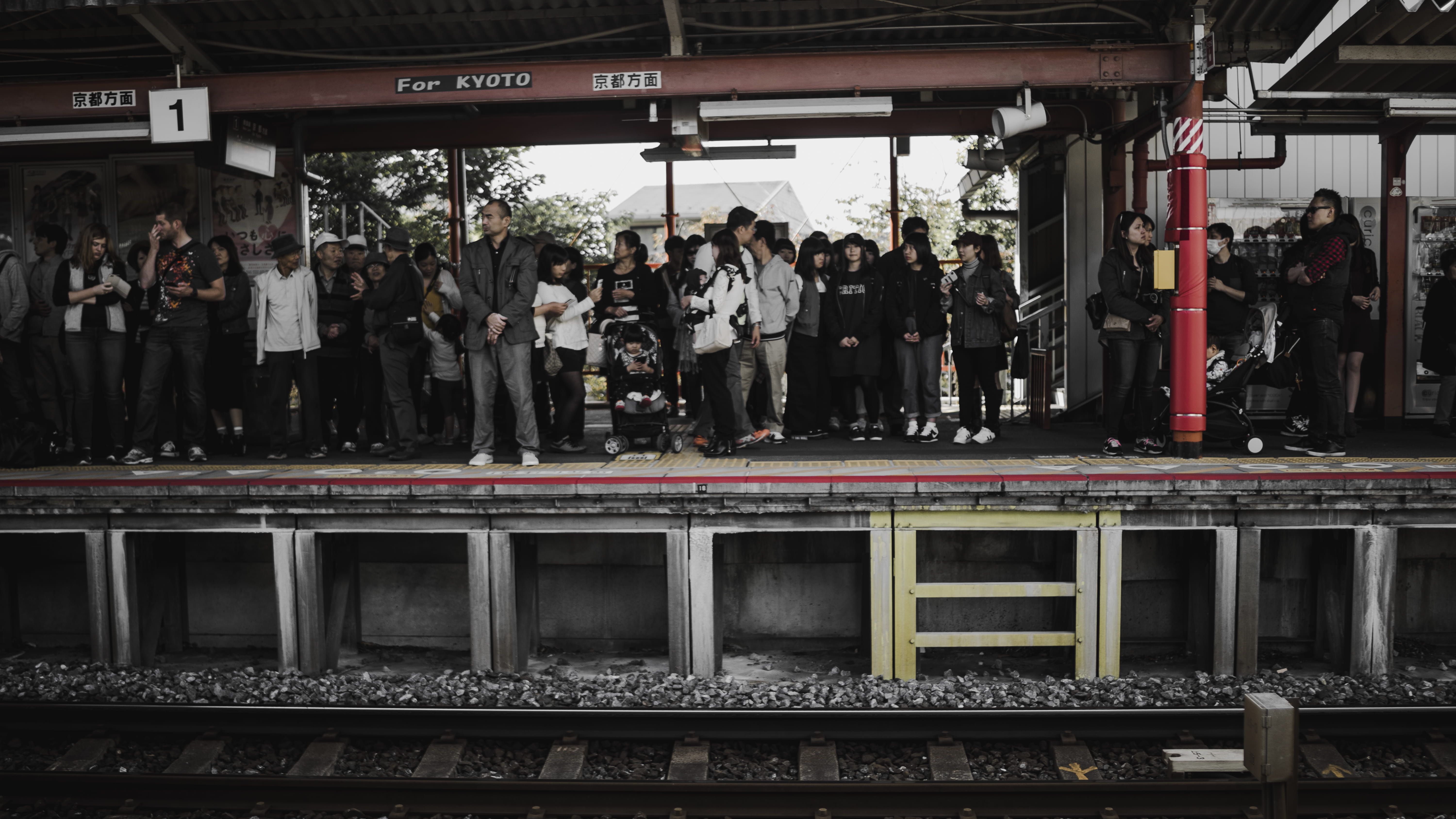 transportation, fushimi-inari station, railroad station platform, railroad track, men, waiting, group of people, train station, japan, kyoto, outdoors, HD Wallpaper