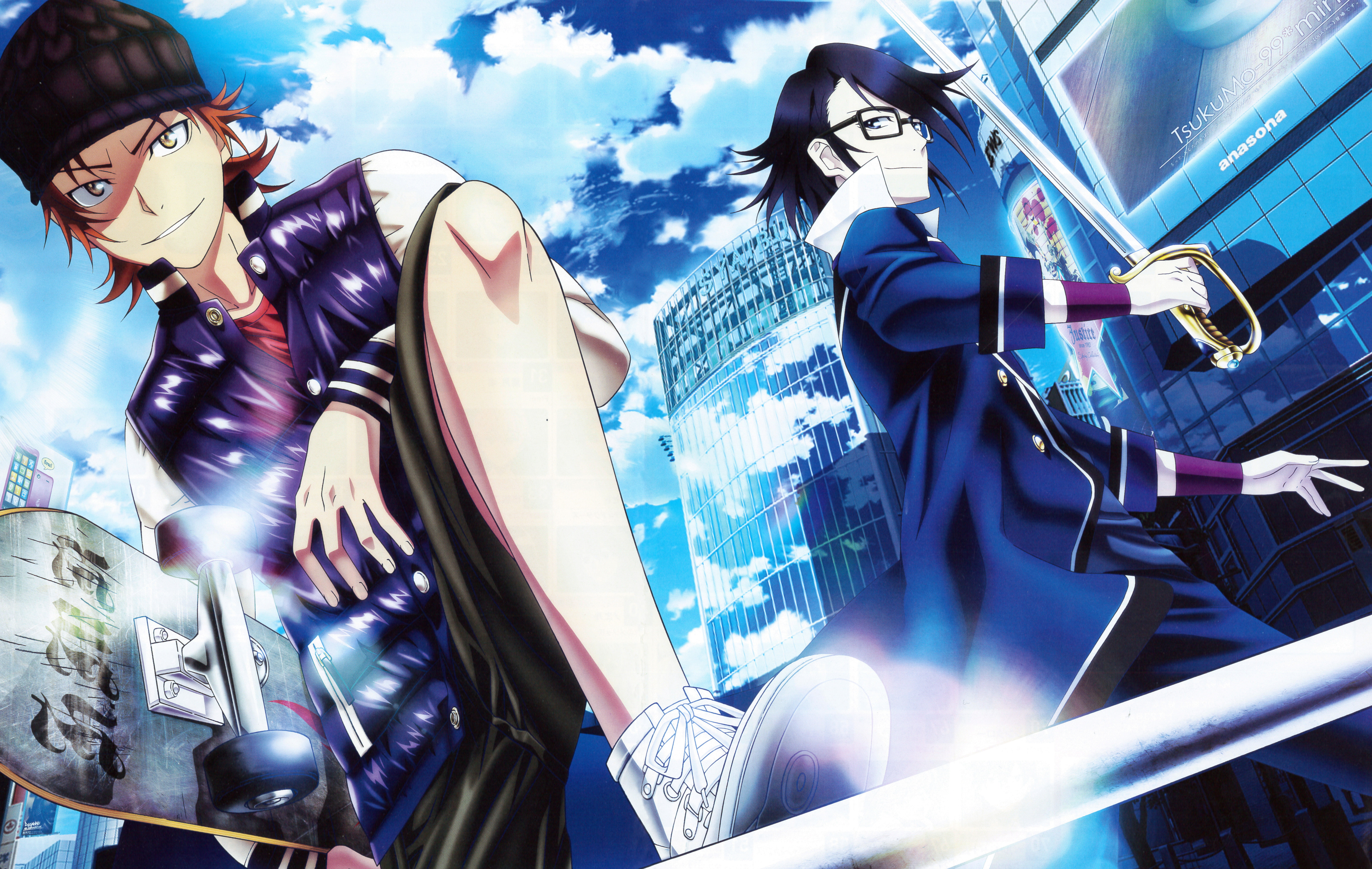 Fushimi Saruhiko, K Project, guys, glasses, the city, form, skate, sword, 5K, Yata Misaki, HD Wallpaper