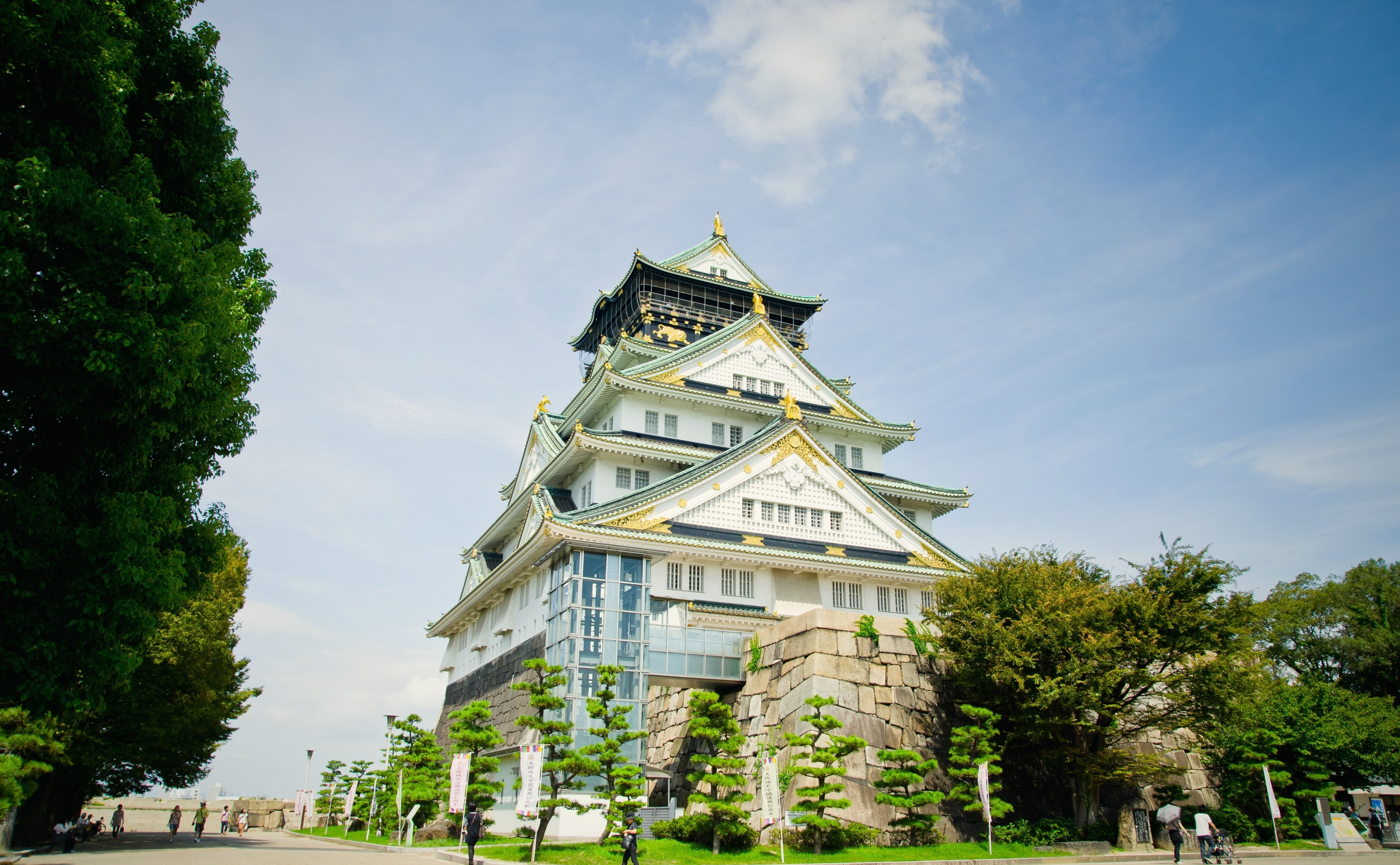 Asia, History, the past, built structure, building exterior, Japan, 4K, outdoors, sky, place of worship, belief, white, osakashi, Castle, chuoku, cloud - sky, HD Wallpaper