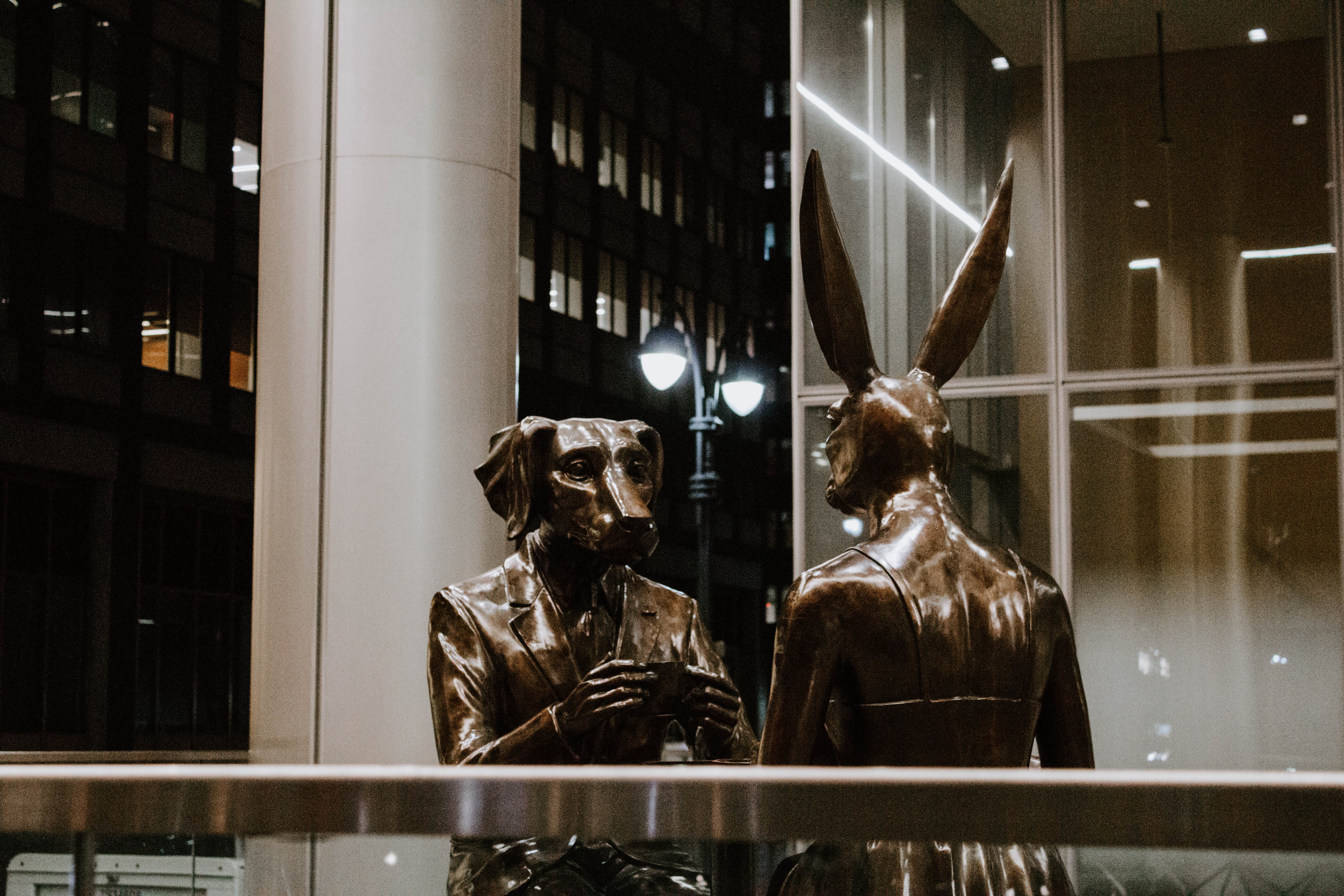 no people, night, animal, ears, representation, window, arts culture and entertainment, two, human representation, creativity, art and craft, dog, male likeness, HD Wallpaper