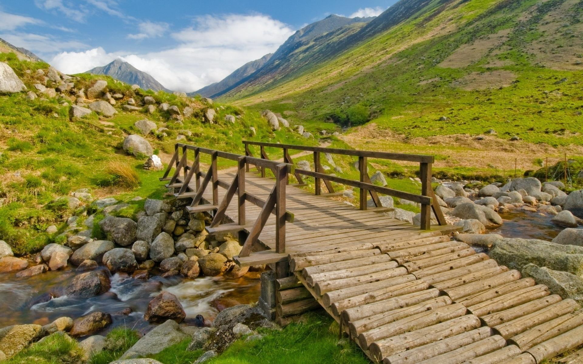 mountain, trellis, alpine, road, river, 3d and abstract, 1080P, bridge, HD Wallpaper