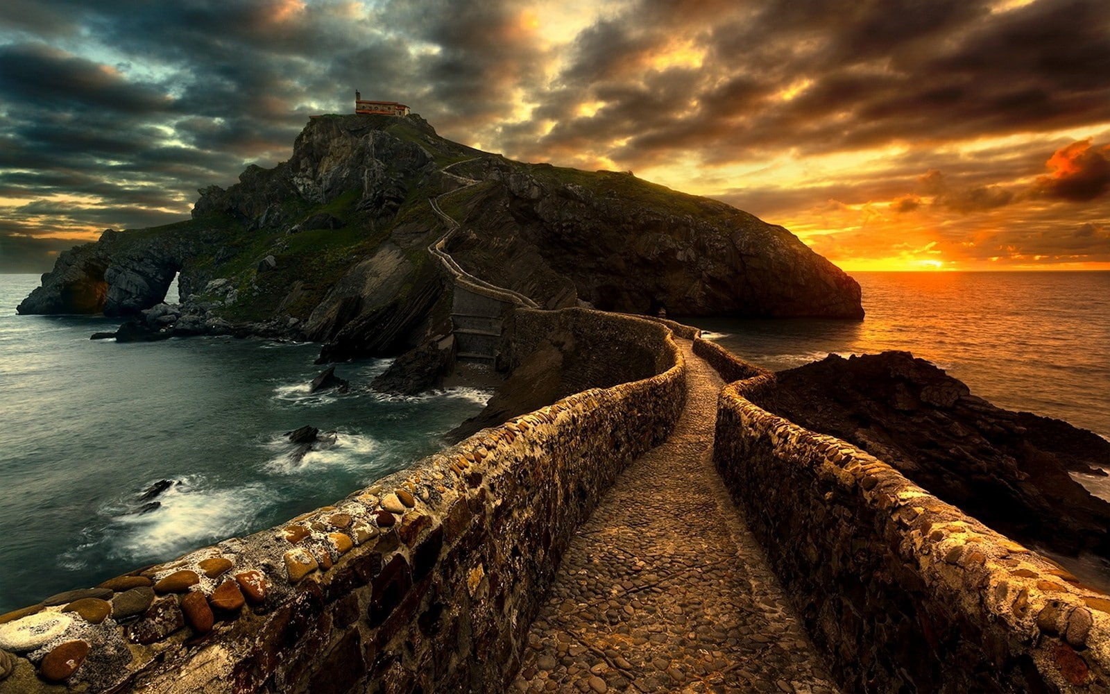land, scenics - nature, sunset, cloud - sky, nature, sea, sky, nature landscape sunset path sea clouds rock walkway sky temple cobblestone spain, no people, HD Wallpaper