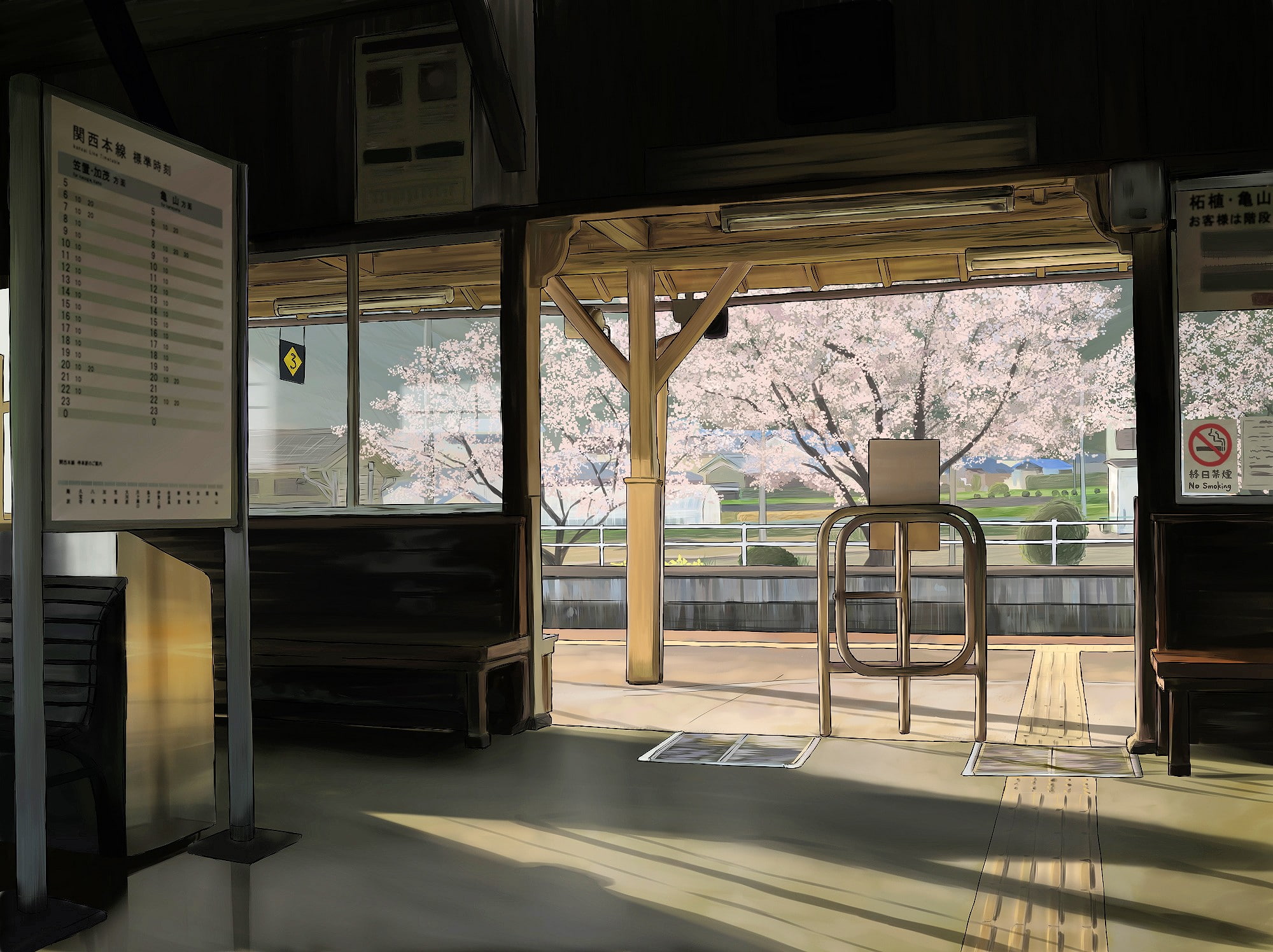 spring, anime, japanese, cherry, smoking, stations, scenic, 1080P, blossoms, train, sakura, drawings, HD Wallpaper