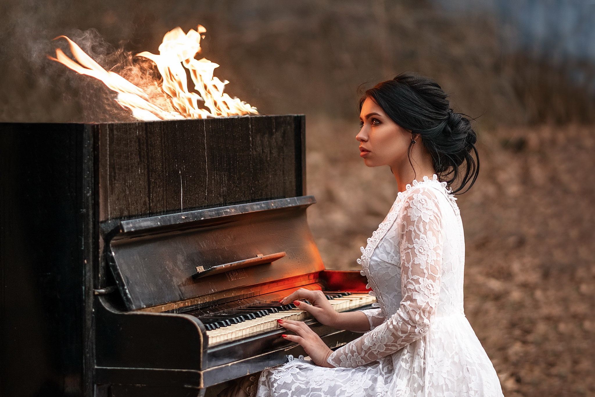music, fire, piano, girl, 1080P, HD Wallpaper
