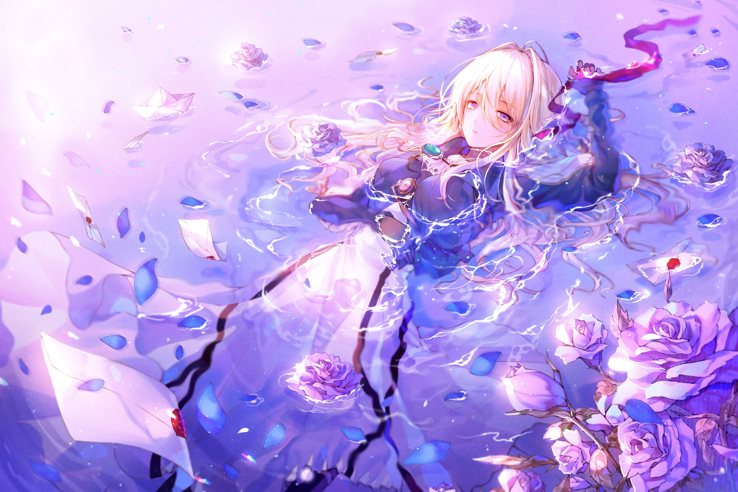 violet evergarden, motion, enjoyment, letter, Anime, hair, front view, women, waist up, girls, innocence, indoors, blond hair, portrait, childhood, purple, HD Wallpaper