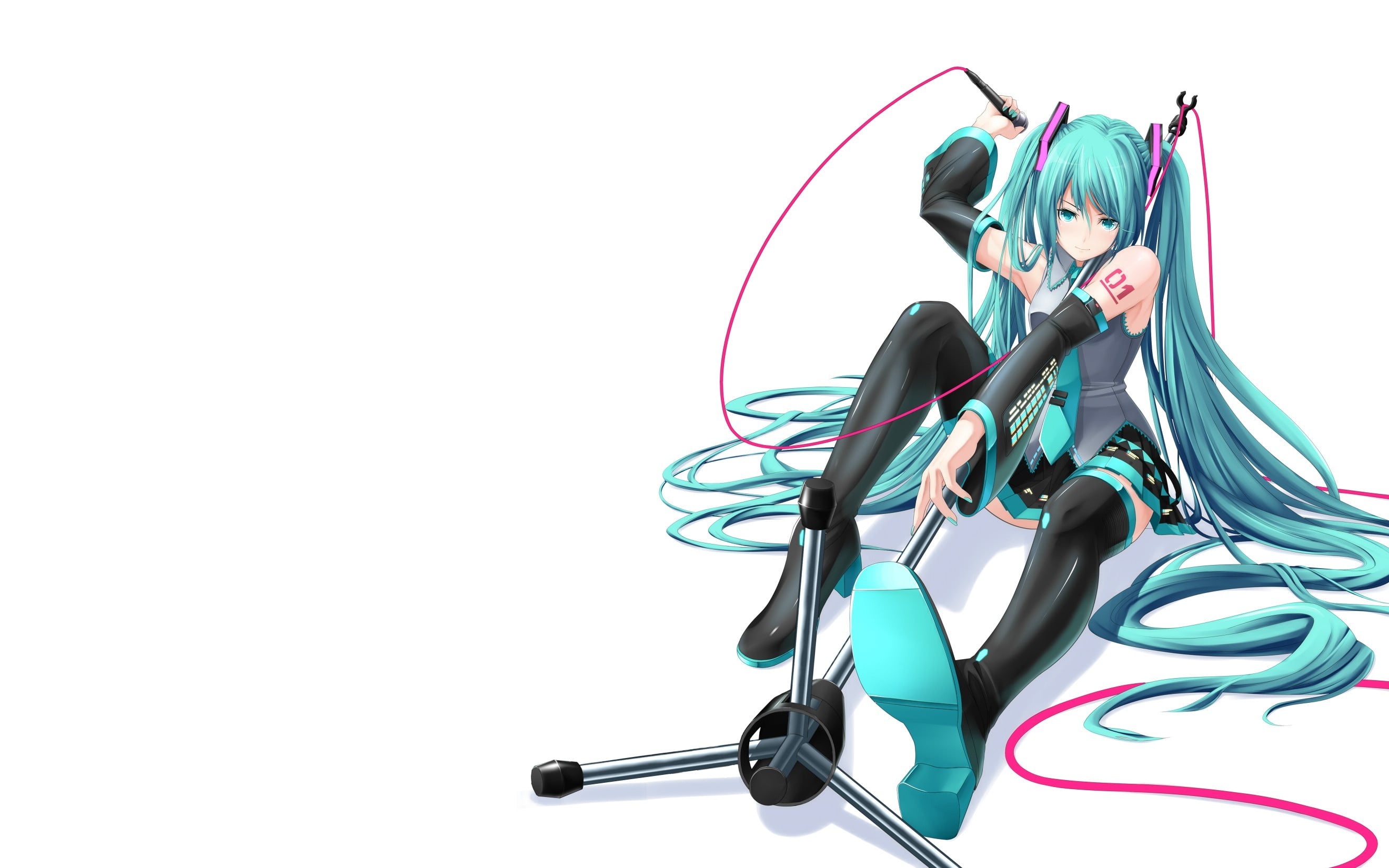 cut out, music, Vocaloid, copy space, blue hair, character, no people, cable, listening, anime girls, indoors, Hatsune Miku, microphone, digital, 2K, variation, HD Wallpaper