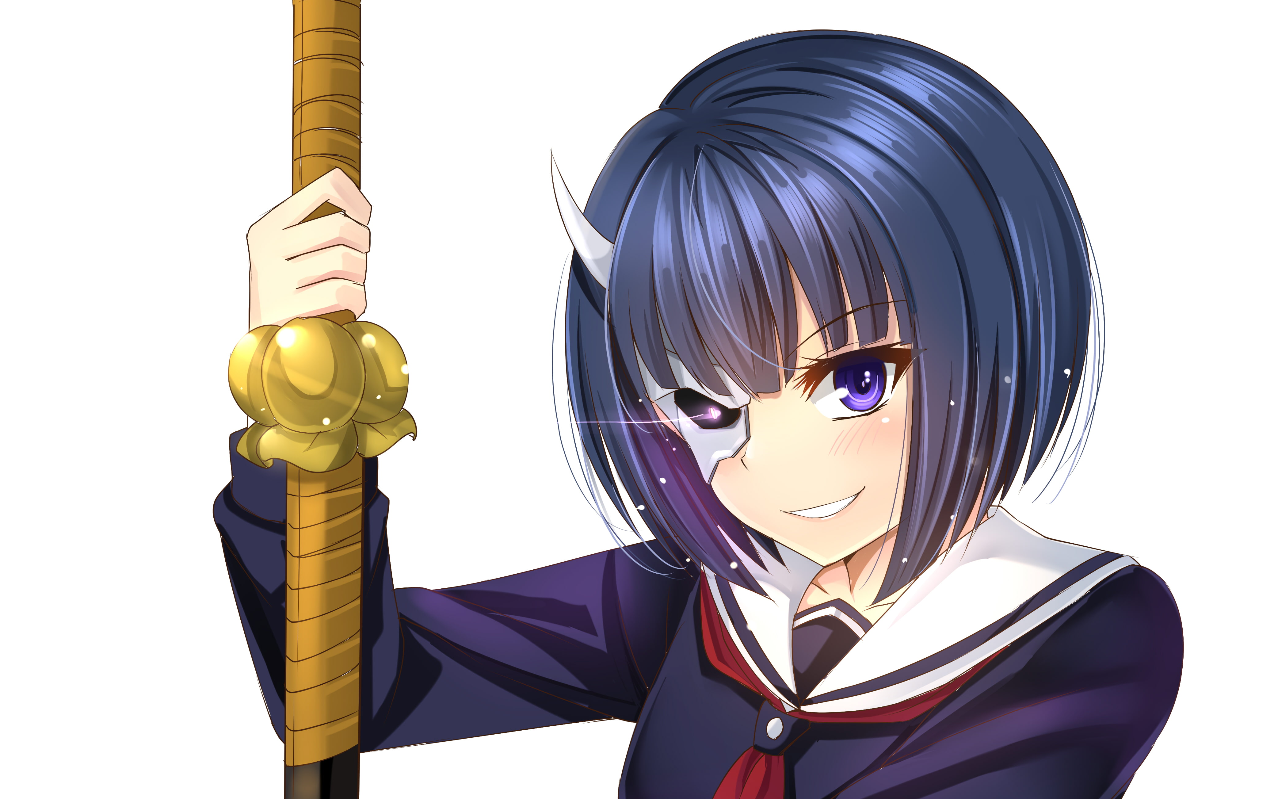 white background, smiling, sword, Onigawara Rin, Busou Shoujo Machiavellianism, anime girls, purple eyes, 4K, school uniform, short hair, brunette, anime, HD Wallpaper