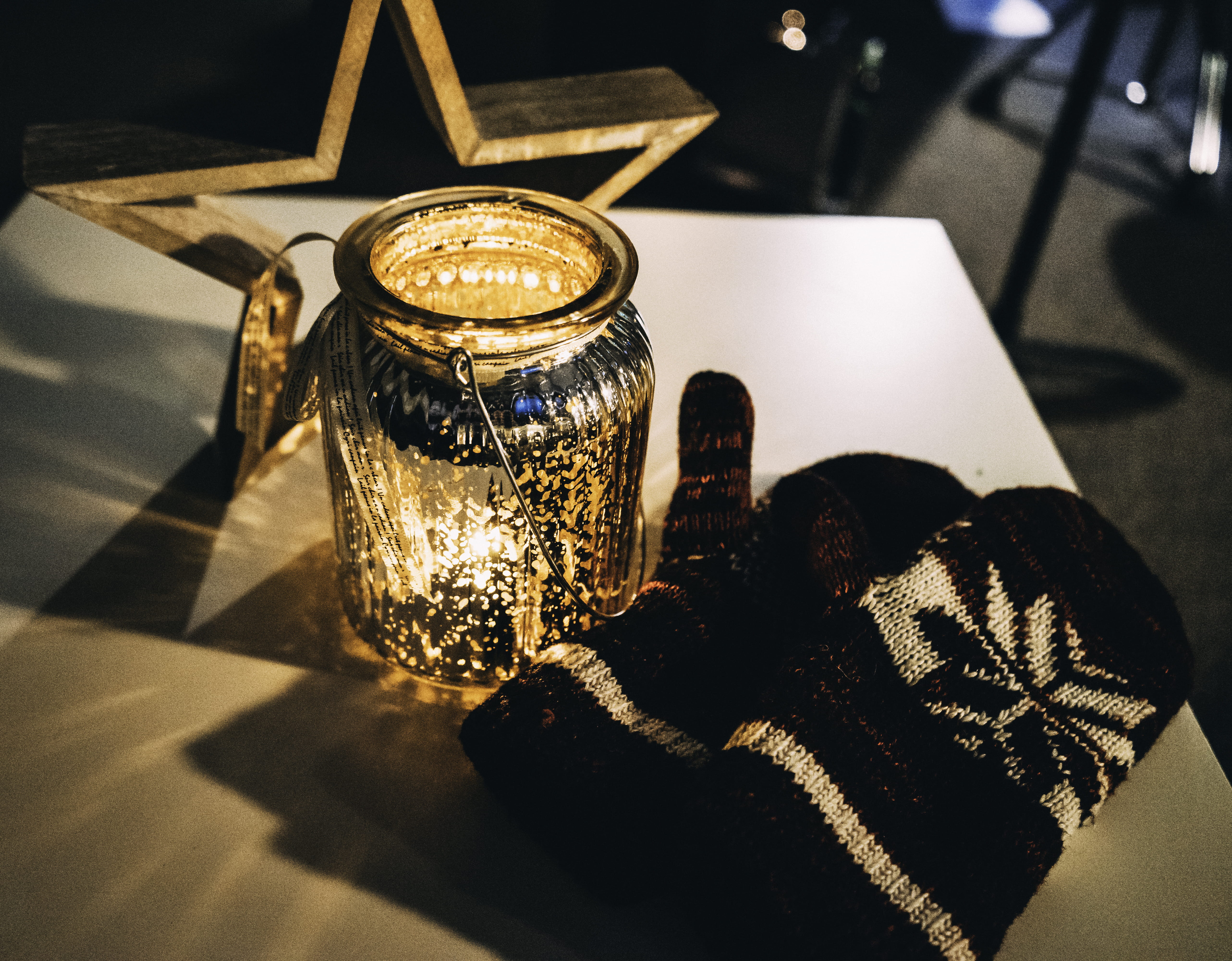 candle, table, wealth, still life, star, high angle view, day, black, jar, mitts, indoors, snow, drink, pair, refreshment, nature, white, food and drink, HD Wallpaper