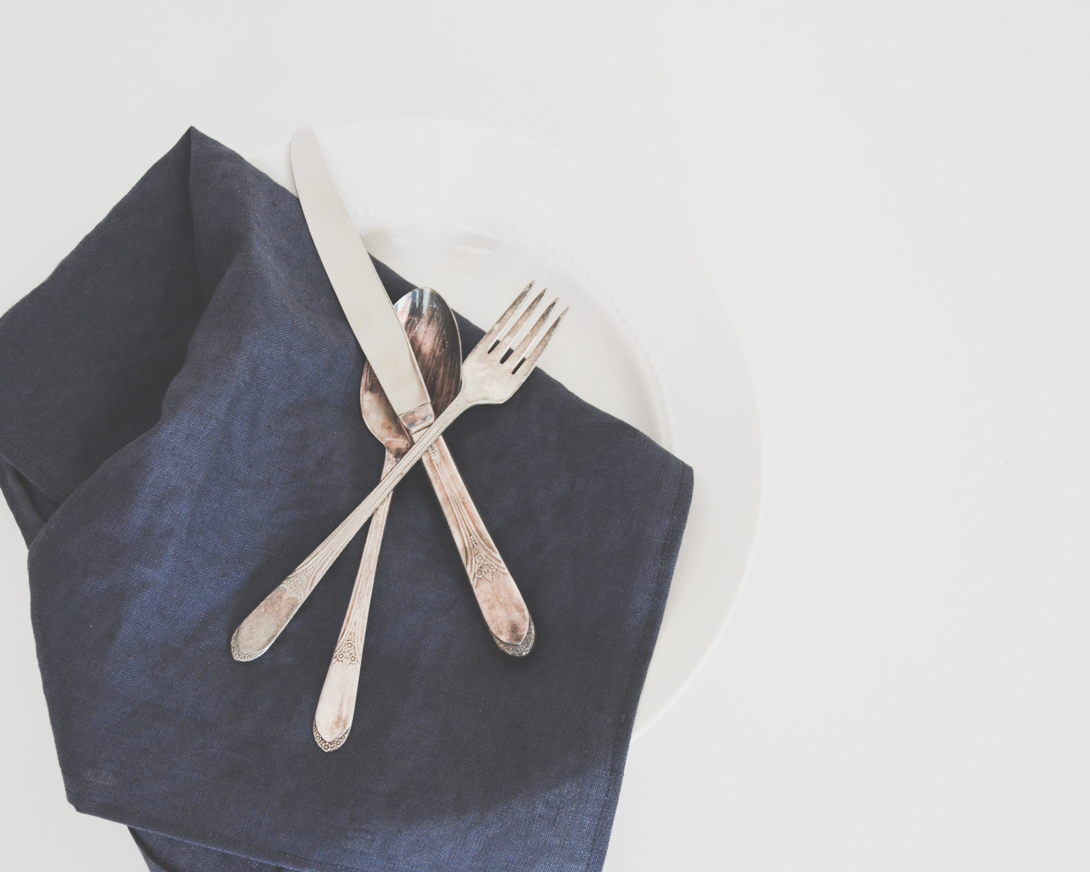 overhead view, ribbon, clothing, kitchen, fork, eating utensil, tied up, close-up, one person, napkin, copy space, silver, flatlay, table, still life, 2K, HD Wallpaper