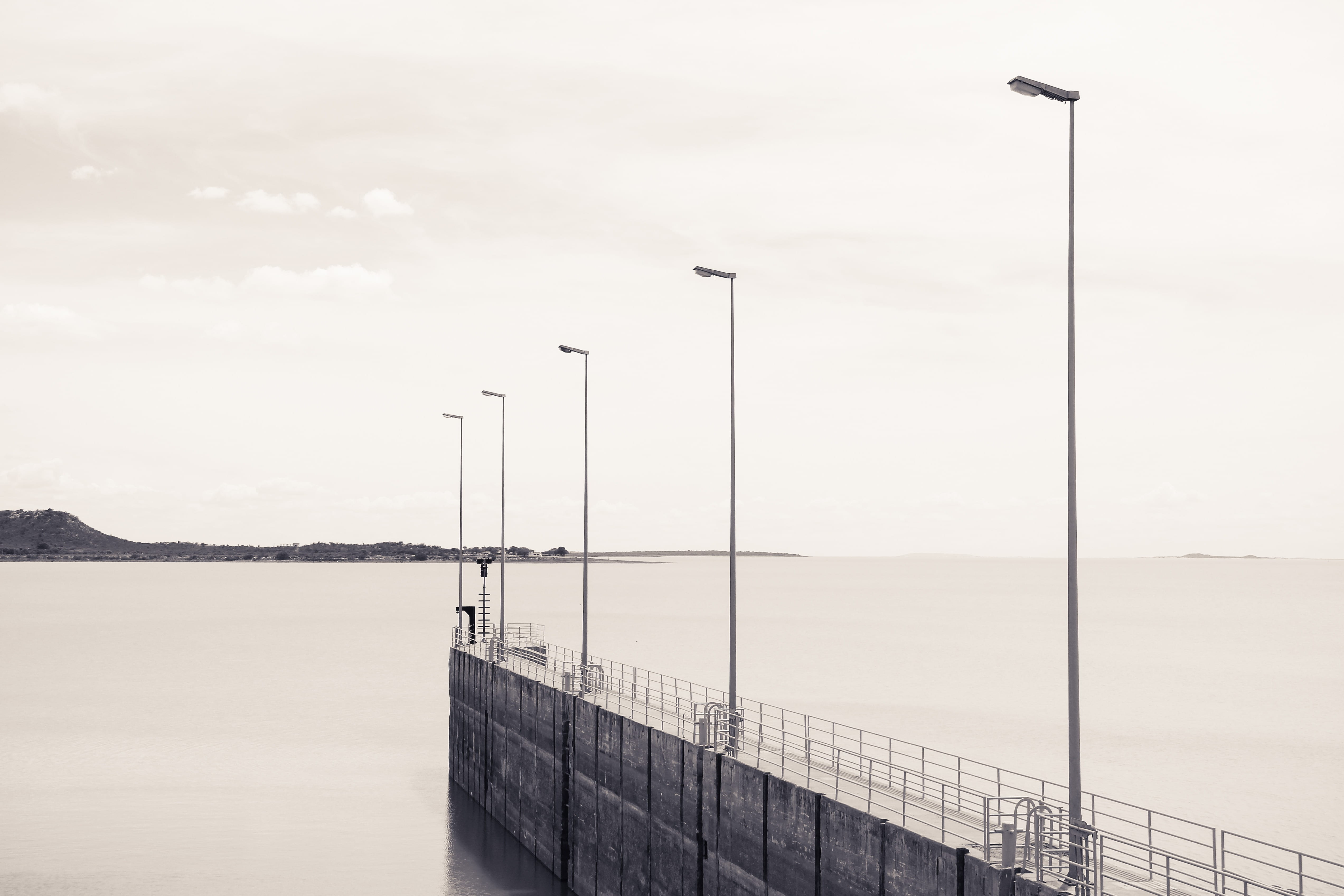 transportation, bridge - man made structure, day, lanterns, beauty in nature, scenics - nature, street light, sea, concrete, nature, wall, bay, black, 4K, HD Wallpaper