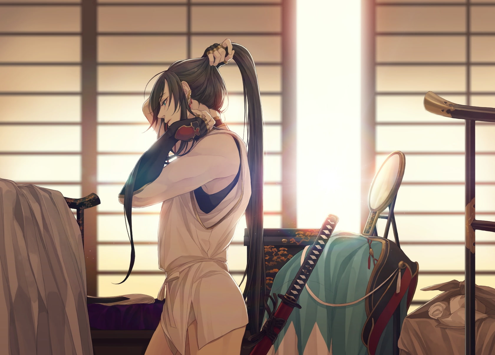 720P, two, weapon, sword, katana, anthropomorphism, hair, all, (character), 258411, ranbu, uniform, aqua, com, mirror, tagme, brown, konachan, ponytail, HD Wallpaper