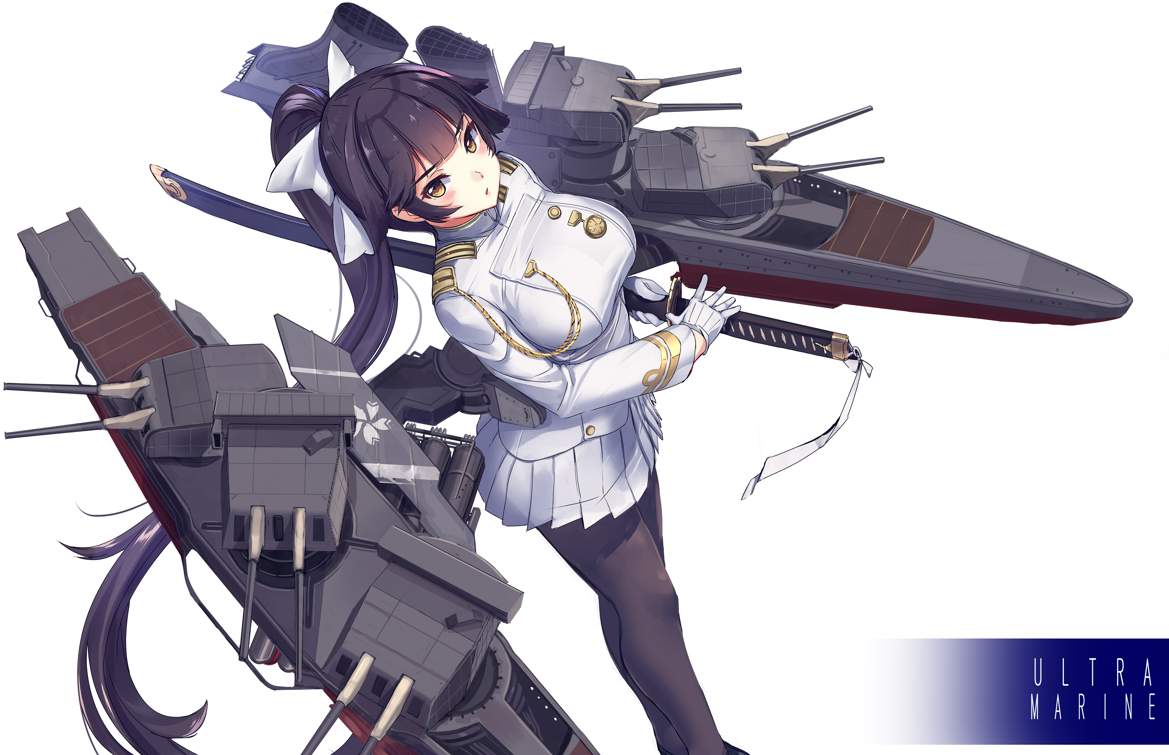 hair, katana, uniform, breasts, blush, sword, yellow, azur, weapon, lane, ponytail, skirt, black, konachan, 257379, long, military, gloves, eyes, com, pantyhose, HD Wallpaper
