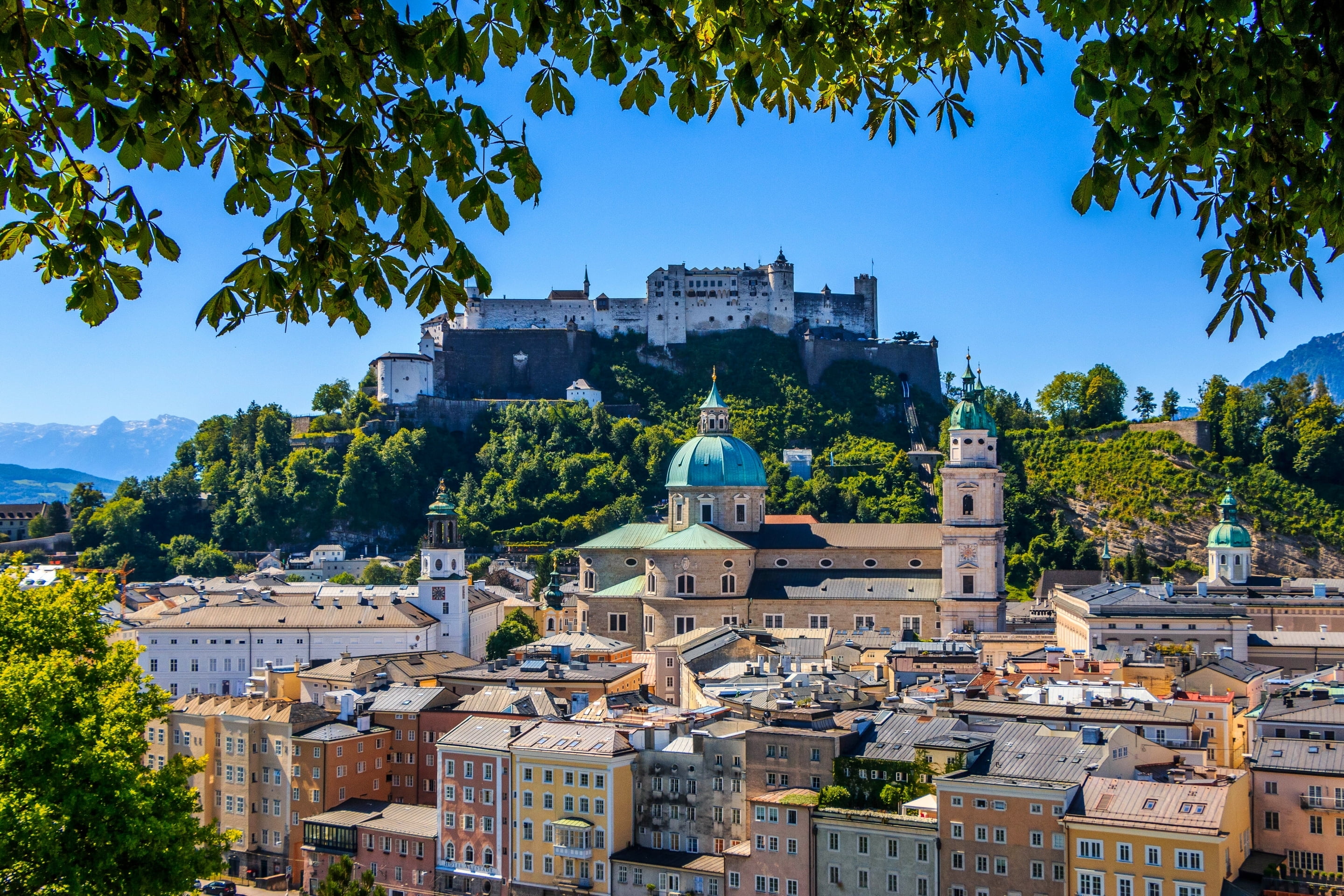 2K, Salzburg, mount Festungsberg, no people, sky, panorama, townscape, architecture, Austria, fortress, residential district, day, Hohensalzburg fortress, HD Wallpaper