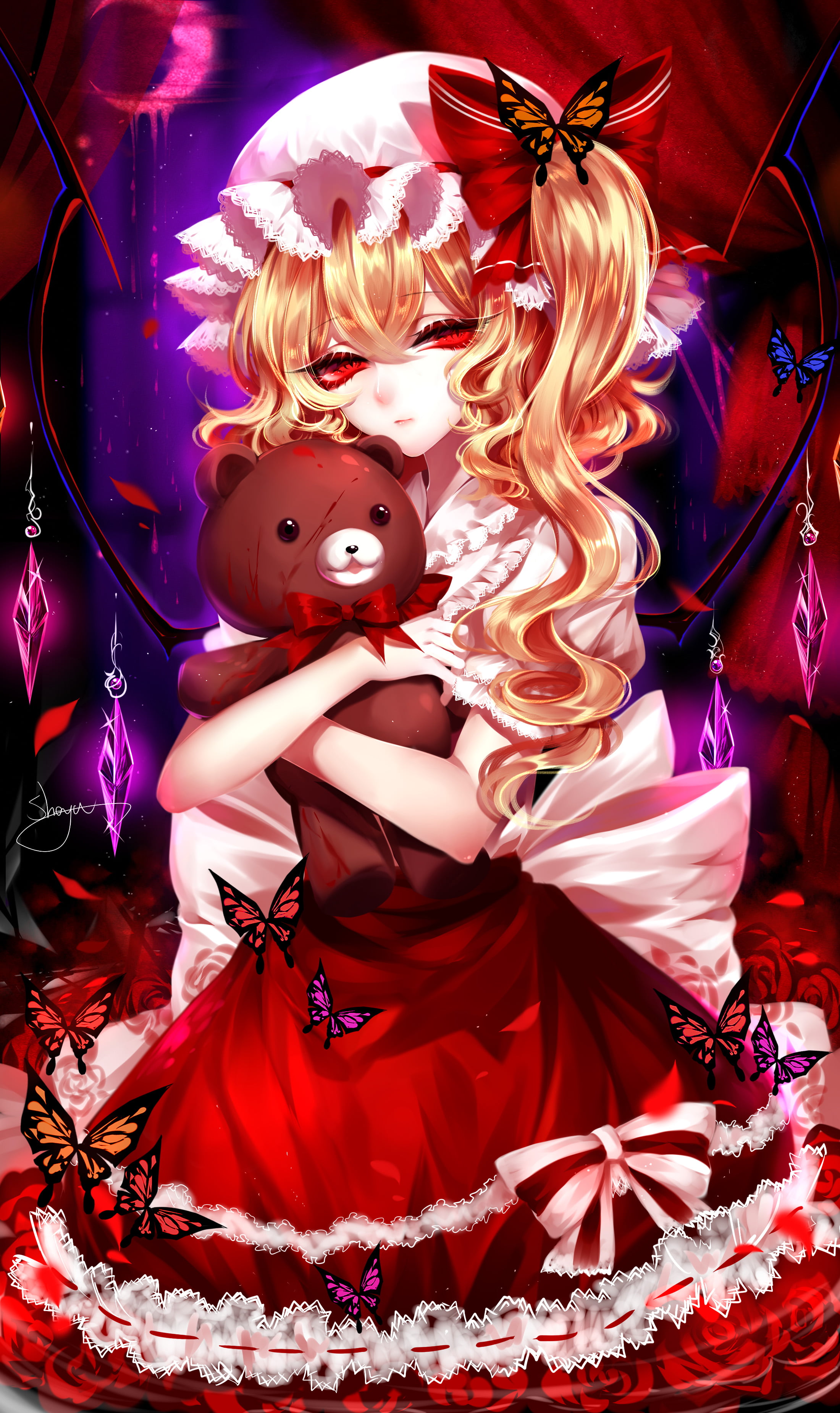 red, child, Touhou, event, looking at viewer, toy, beauty, indoors, blonde, looking at camera, stuffed animal, women, illustration, representation, Flandre Scarlet, Phone HD Wallpaper
