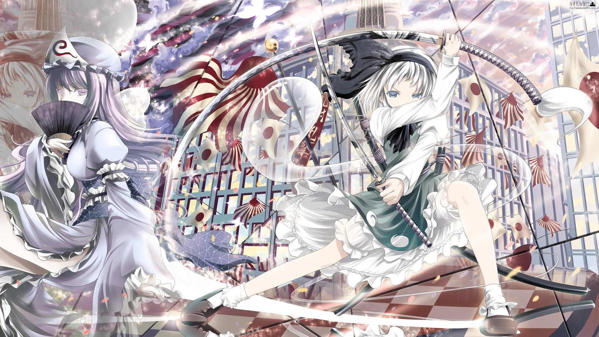 Saigyouji Yuyuko, 1080P, sword, Touhou, Konpaku Youmu, women with swords, japanese flag, HD Wallpaper