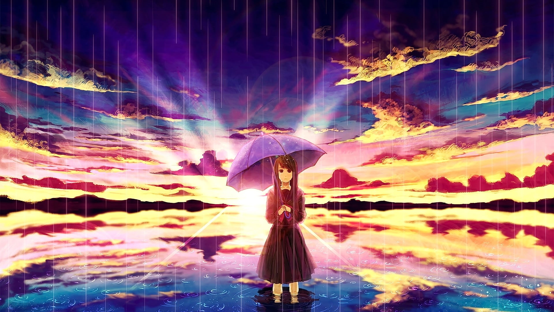 reflection, original characters, adult, real people, women, school uniform, nature, looking at viewer, sky, water, celebration, illuminated, night, clouds, HD Wallpaper