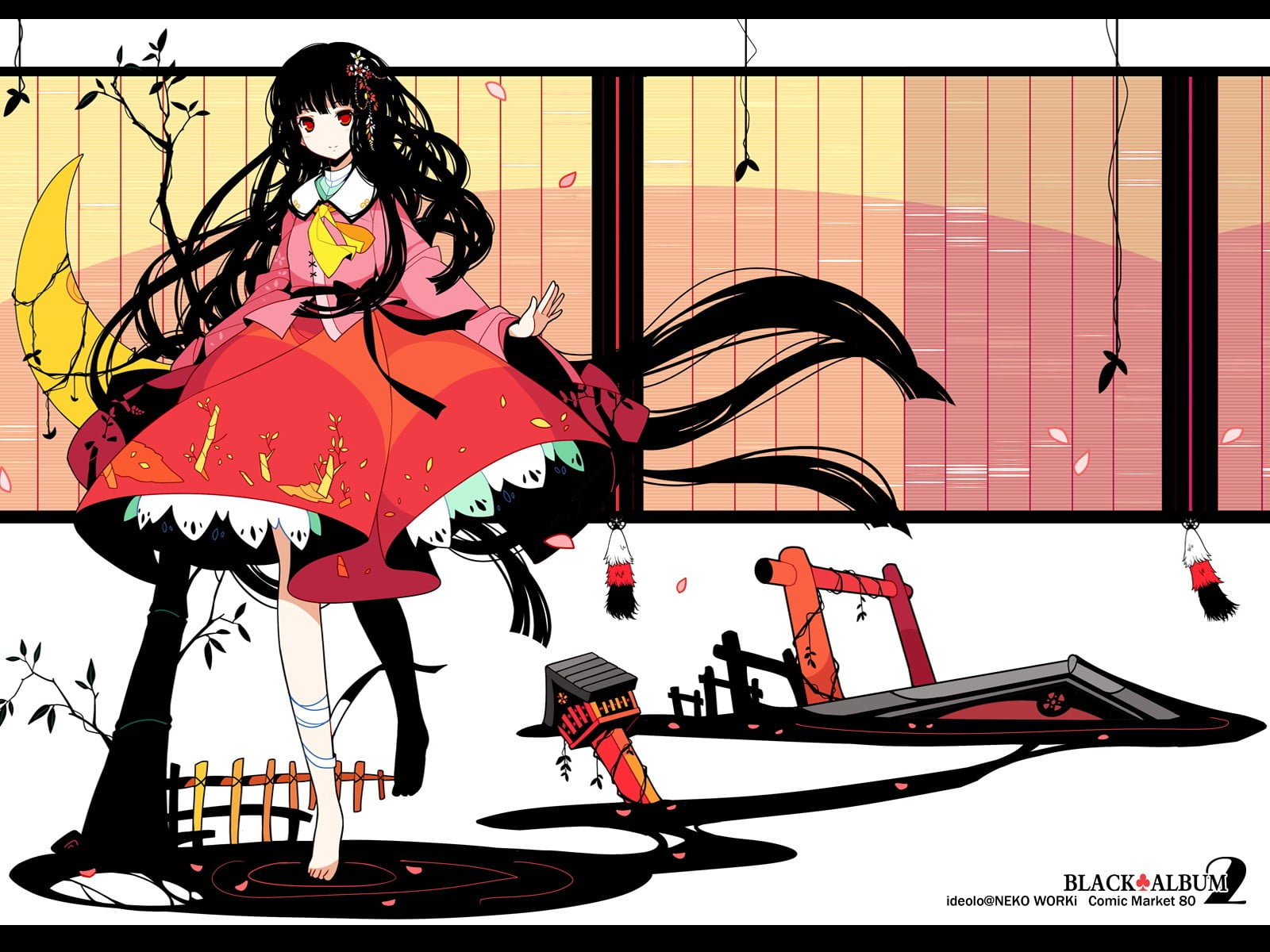 performance, video games, 720P, long hair, women, red, artist, music, skill, indoors, red eyes, enjoyment, skirt, black hair, creativity, wall - building feature, HD Wallpaper