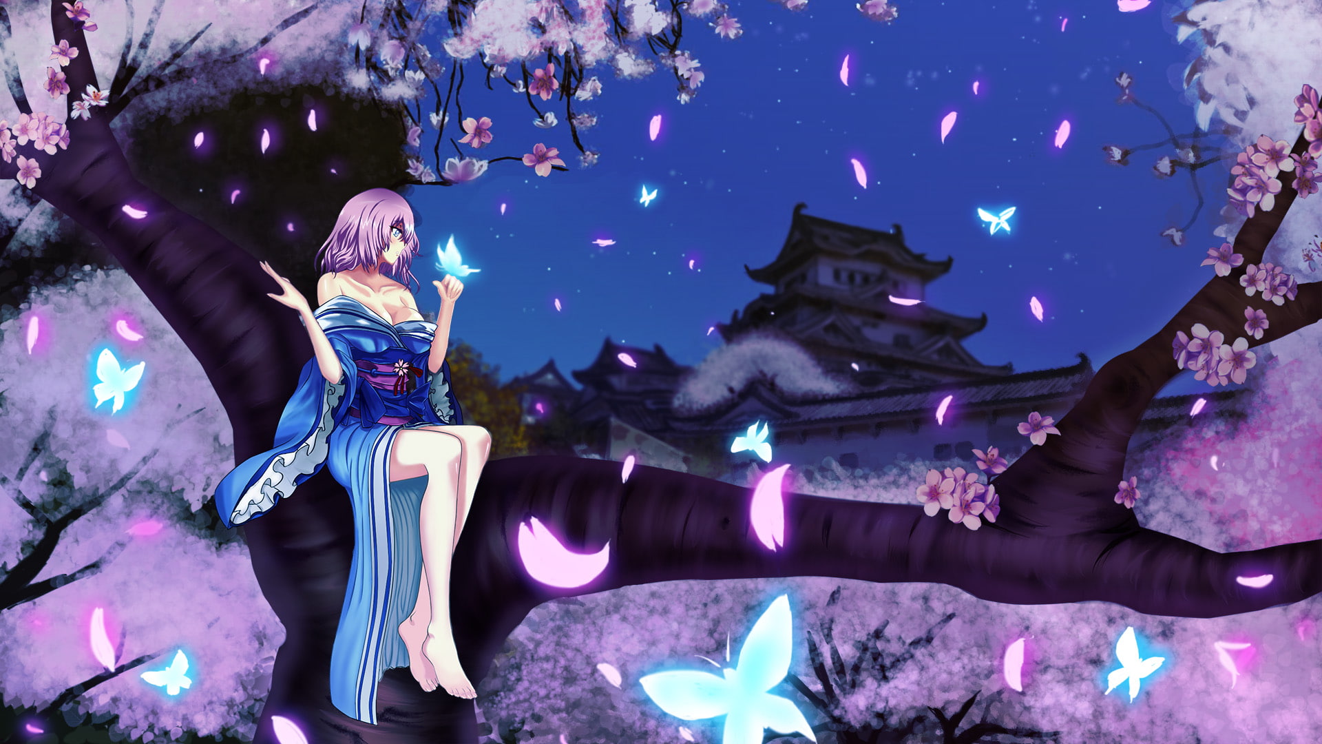 eyes, blue, petals, pink, cleavage, butterfly, kimono, night, hair, cherry, blossoms, building, flowers, 1080P, tree, touhou, evilpwood, barefoot, short, HD Wallpaper