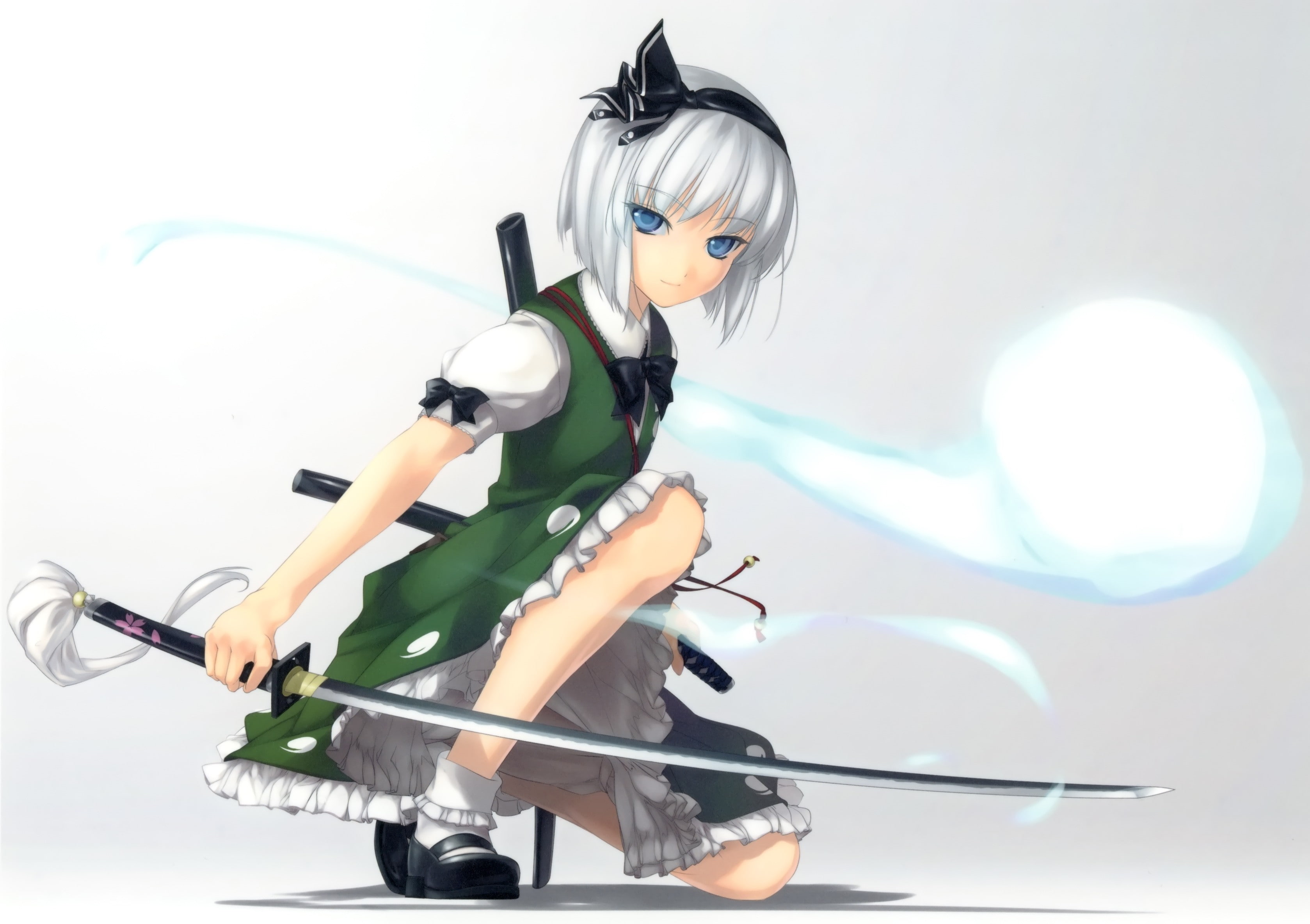 ghosts, green dress, blue eyes, squatting, hair ornament, simple background, 2K, dress, hair band, weapon, short hair, socks, video games, sword, anime girls, HD Wallpaper