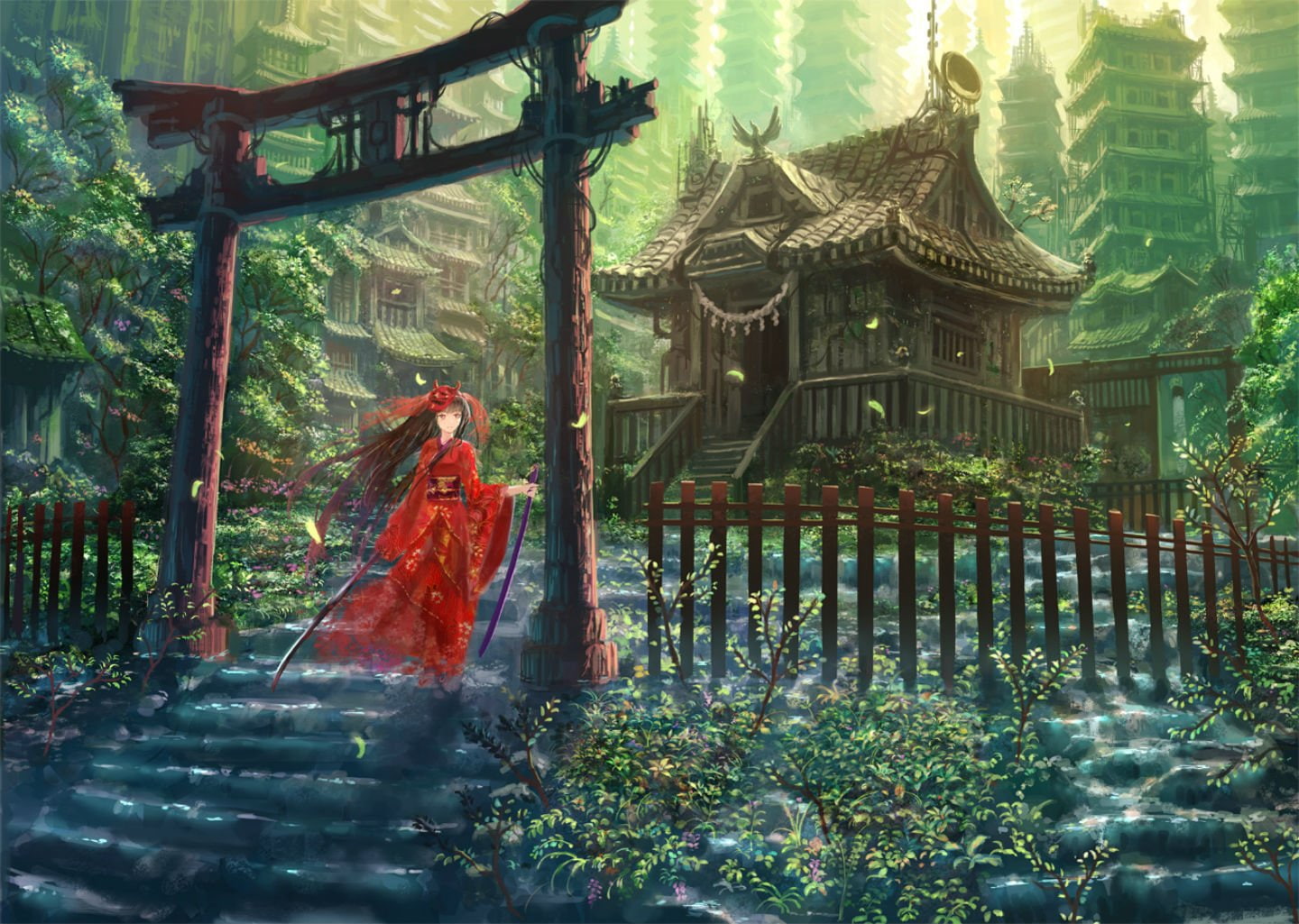 weapon, red, leaves, flowers, 720P, black, scenic, japanese, stairs, torii, denki, sword, original, clothes, building, eyes, long, hair, landscape, mask, HD Wallpaper