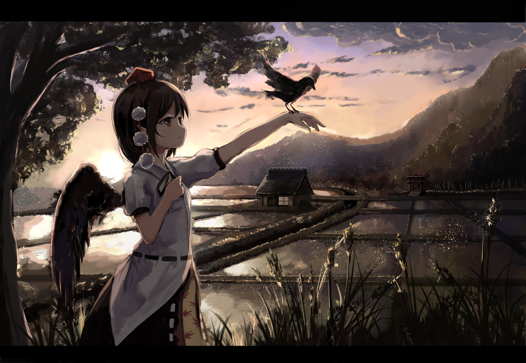 touhou, water, eyes, 720P, ears, bird, sky, shameimaru, clouds, com, landscape, aya, tree, pointed, 255933, hair, animal, konachan, wings, scenic, grass, HD Wallpaper