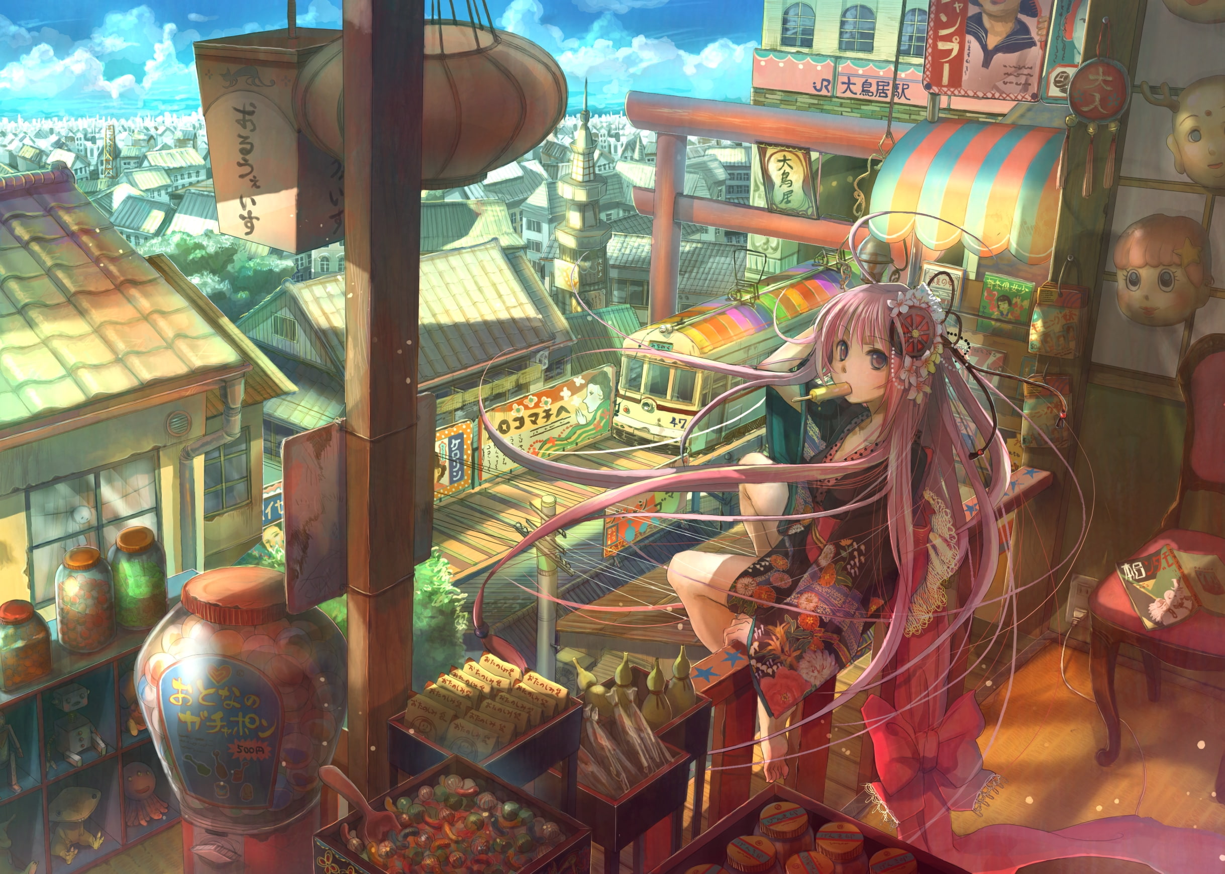 cream, sky, mask, clothes, 1080P, pink, kimono, ice, hair, eyes, clouds, original, candy, city, long, fuji, japanese, choko, barefoot, HD Wallpaper