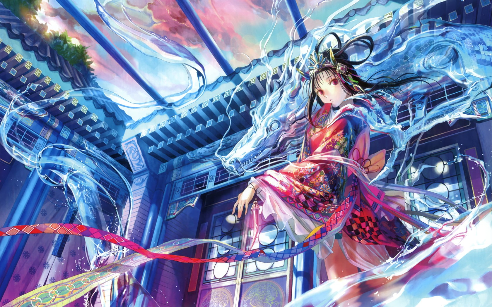 choko, water, original, 720P, girls, characters, dragons, fuji, ribbons, anime, HD Wallpaper
