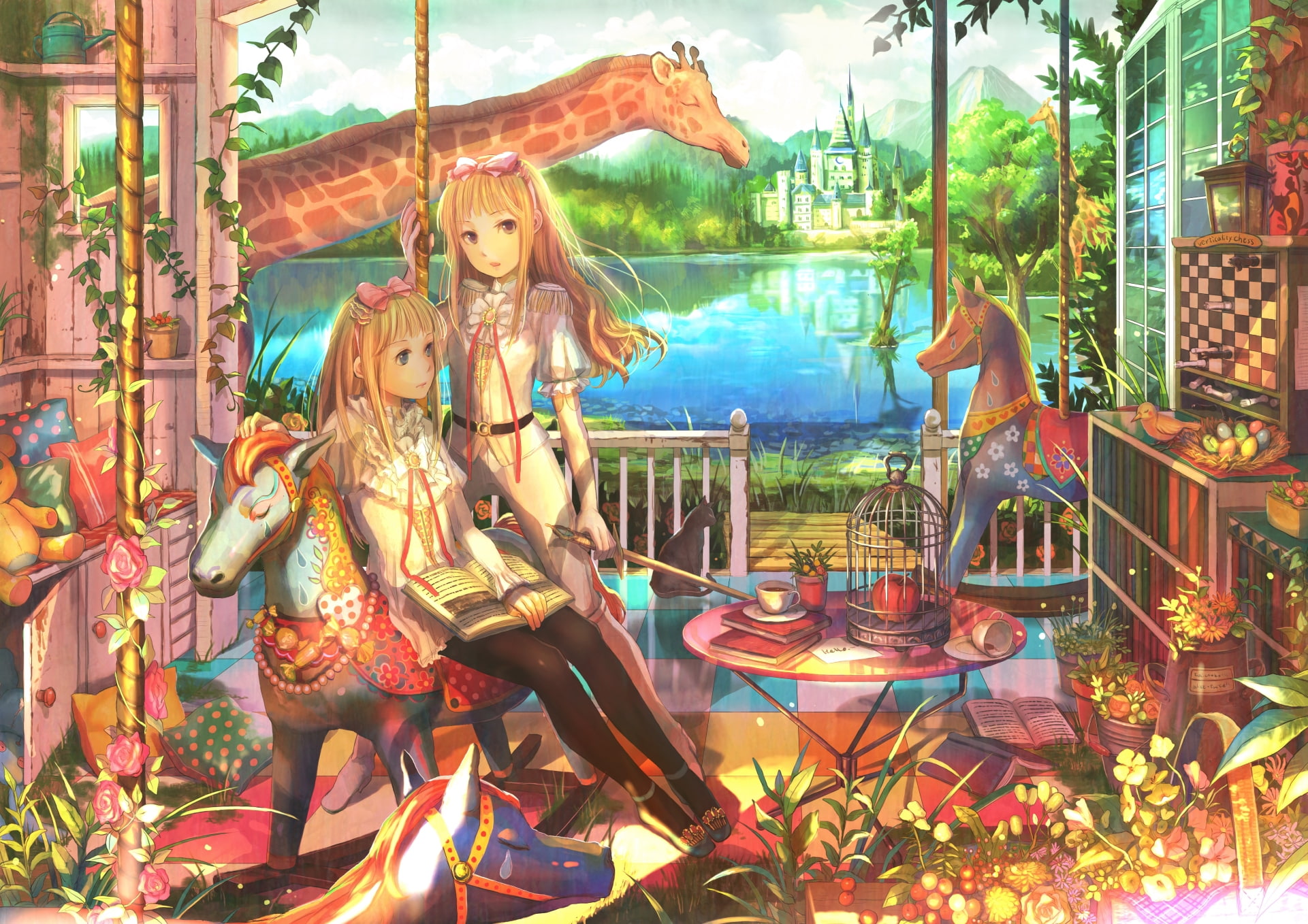 fuji, soft, BIRDS, hd, x, giraffes, chess, animals, pieces, art, choko, books, 1080P, shading, HD Wallpaper