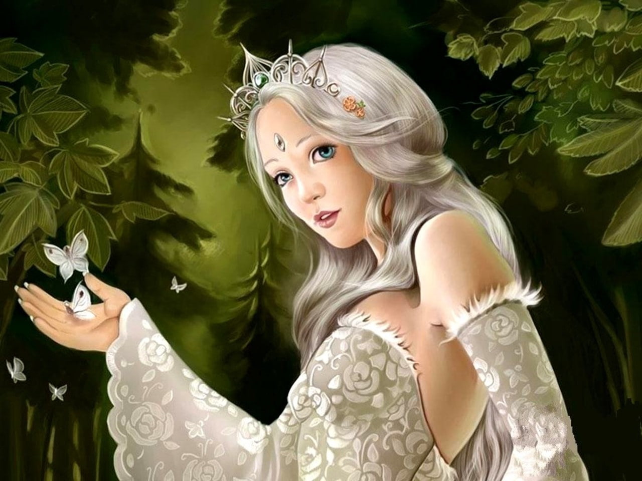 fairy, fantasy, white, illustration, woman, haired, 720P, character, tiara, hd, HD Wallpaper