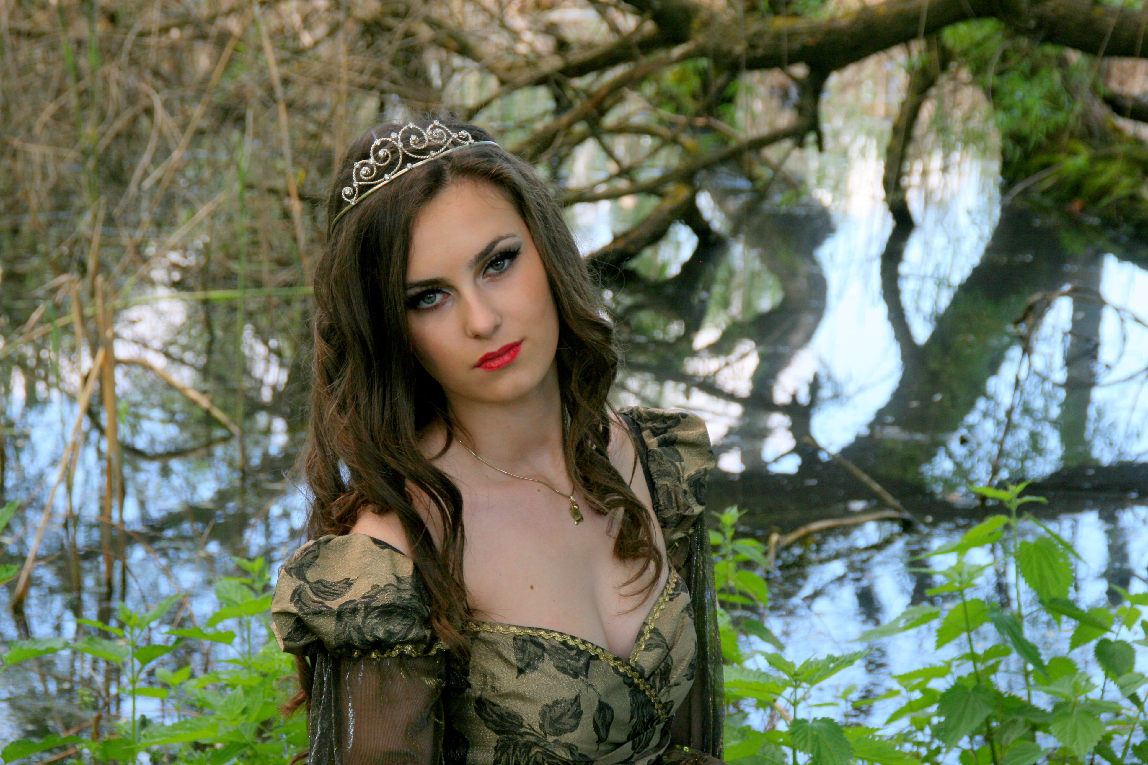 green, front view, plant, wreath, women, wearing, adult, contemplation, fashion, beautiful woman, one person, woman, girl, hair, 4K, princess, tree, forest, HD Wallpaper