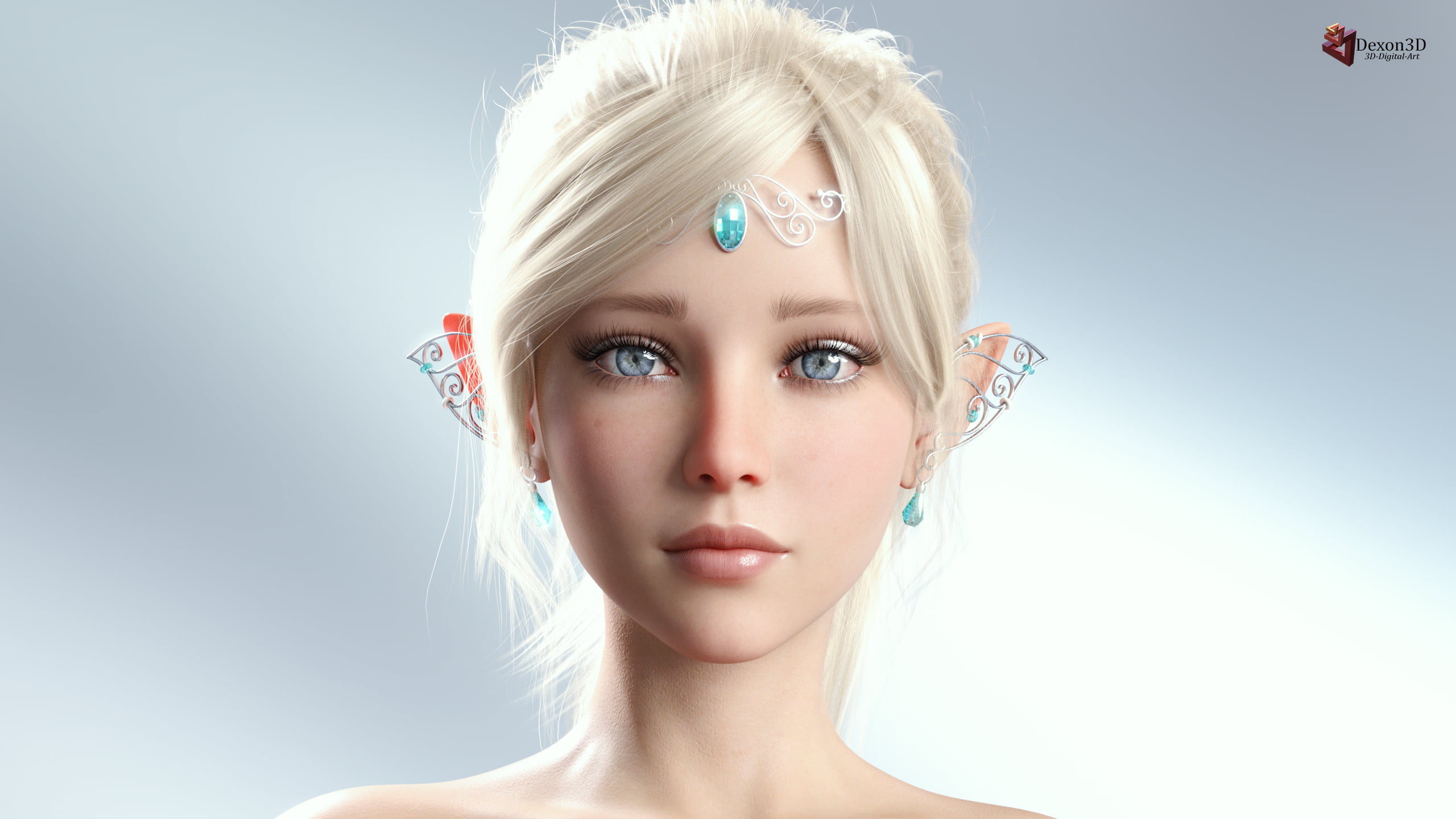 earring, 2K, tiaras, Dexon3D, makeup, simple background, blue eyes, elves, portrait, blonde, CGI, looking at viewer, HD Wallpaper