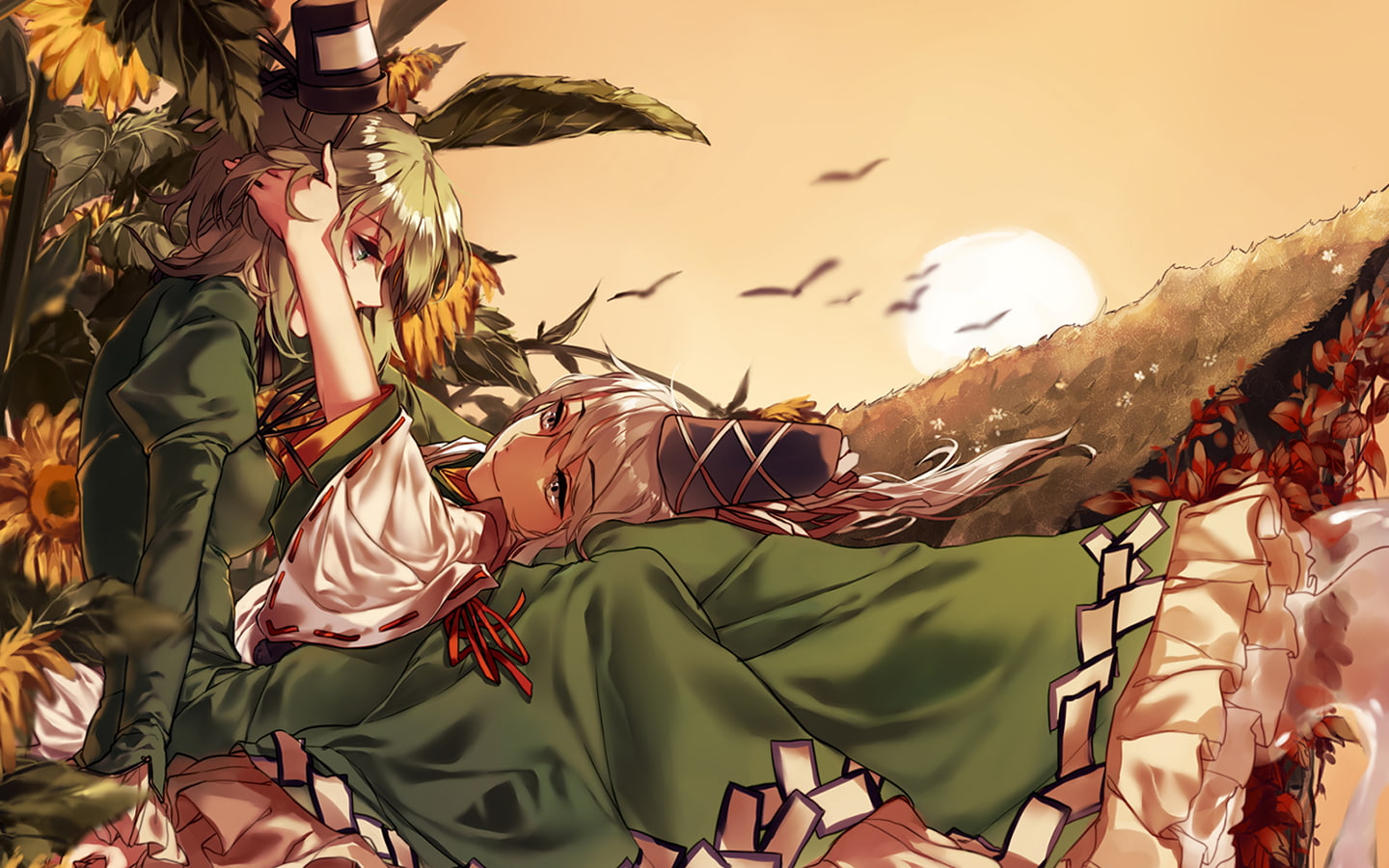 animal, Touhou, day, no people, animal themes, sky, wind, Soga no Tojiko, sunlight, flying, outdoors, anime girls, group of animals, flock of birds, nature, HD Wallpaper