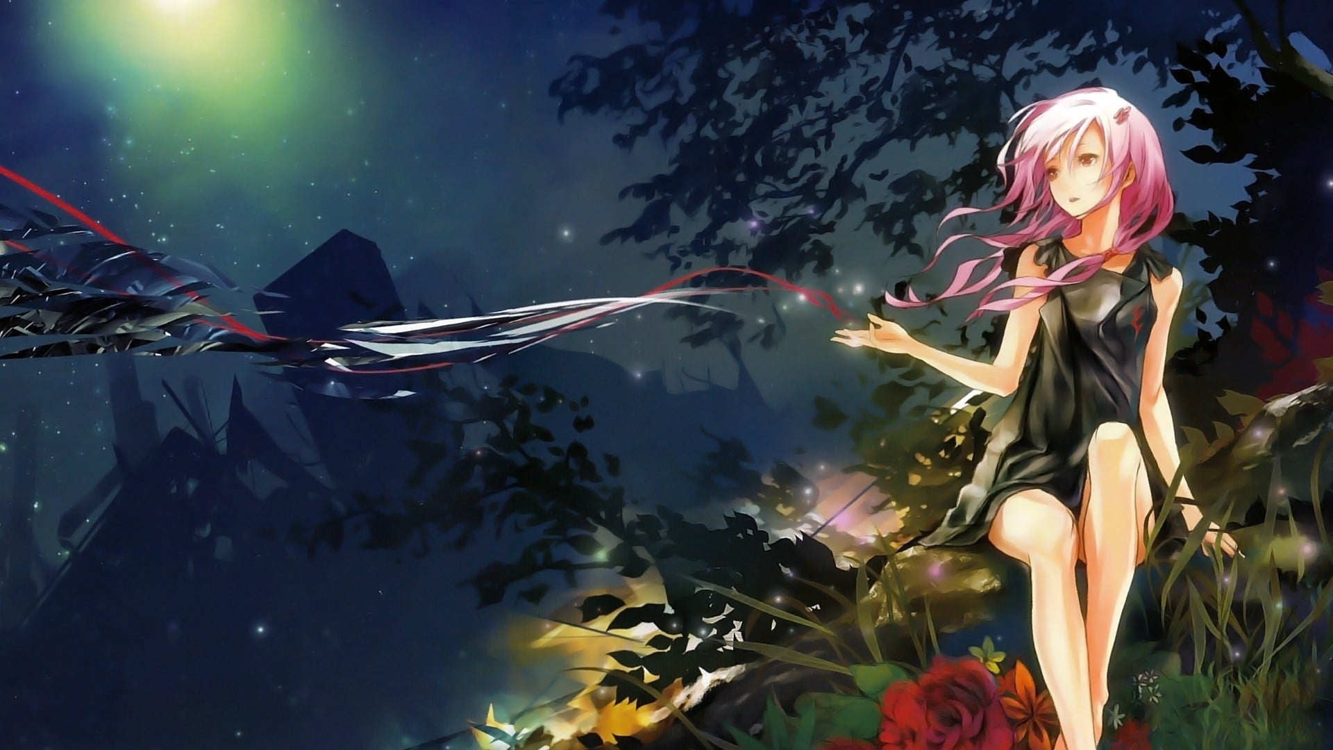 beauty in nature, leisure activity, flowers, illuminated, sky, Guilty Crown, lifestyles, night, one person, clothing, rose, women, 1080P, arts culture and entertainment, HD Wallpaper