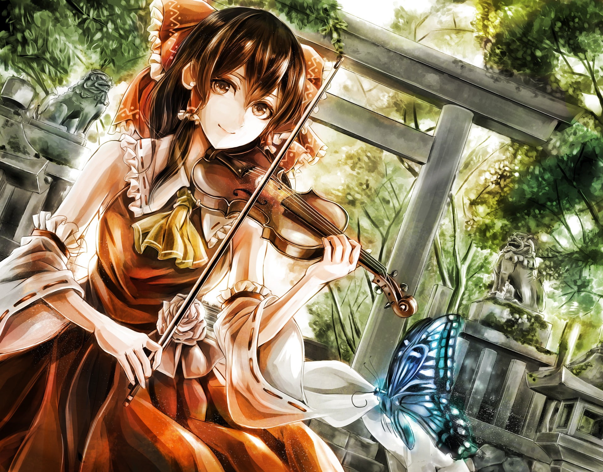 beautiful woman, holding, plant, outdoors, anime girls, leisure activity, nature, waist up, tree, Touhou, adult, Hakurei Reimu, human representation, 1080P, HD Wallpaper