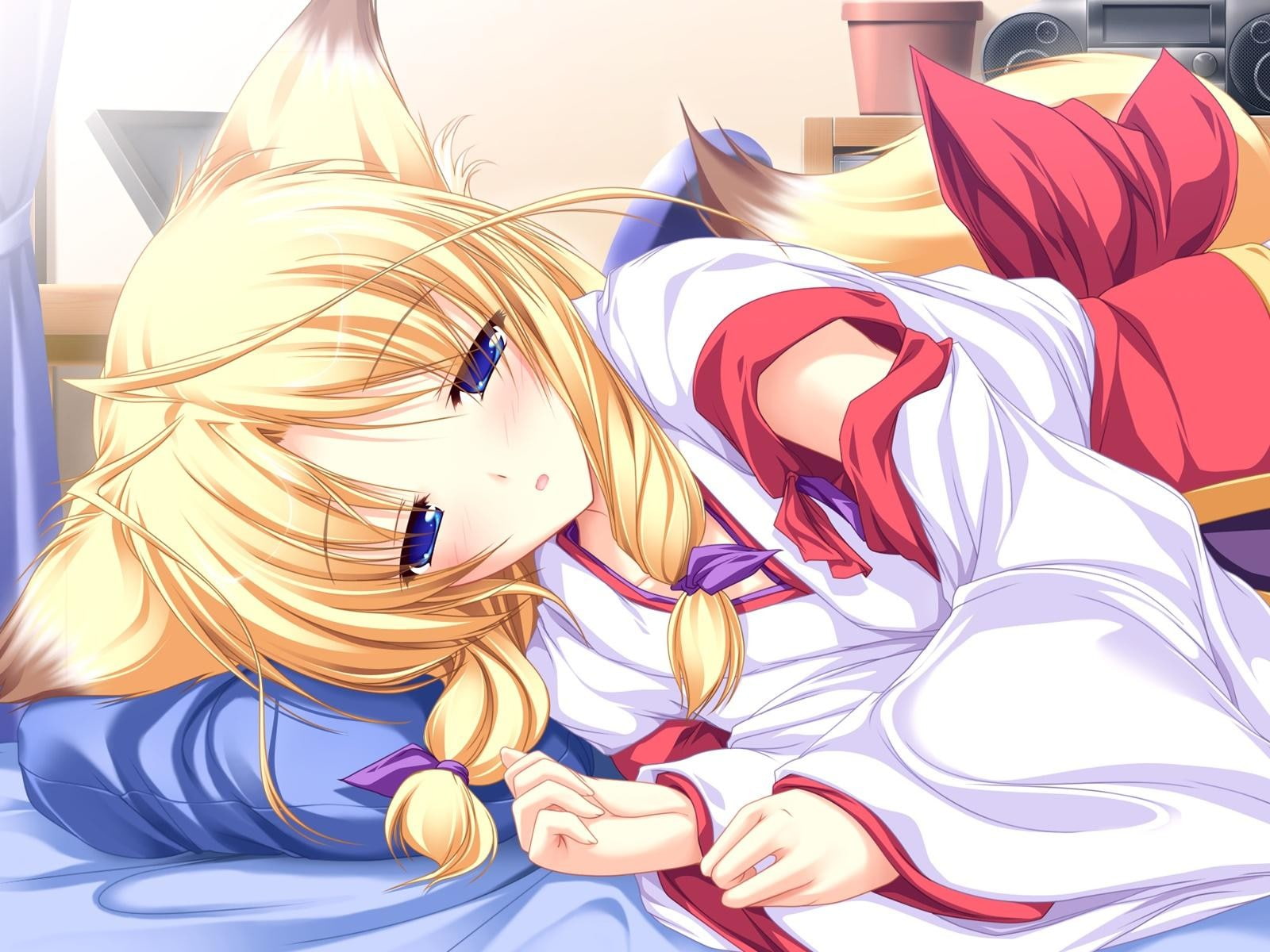 miko, kitsunemimi, blue eyes, blonde, anime, Ina Koi!, anime girls, Kamishiro Mutsuki, 720P, HD Wallpaper