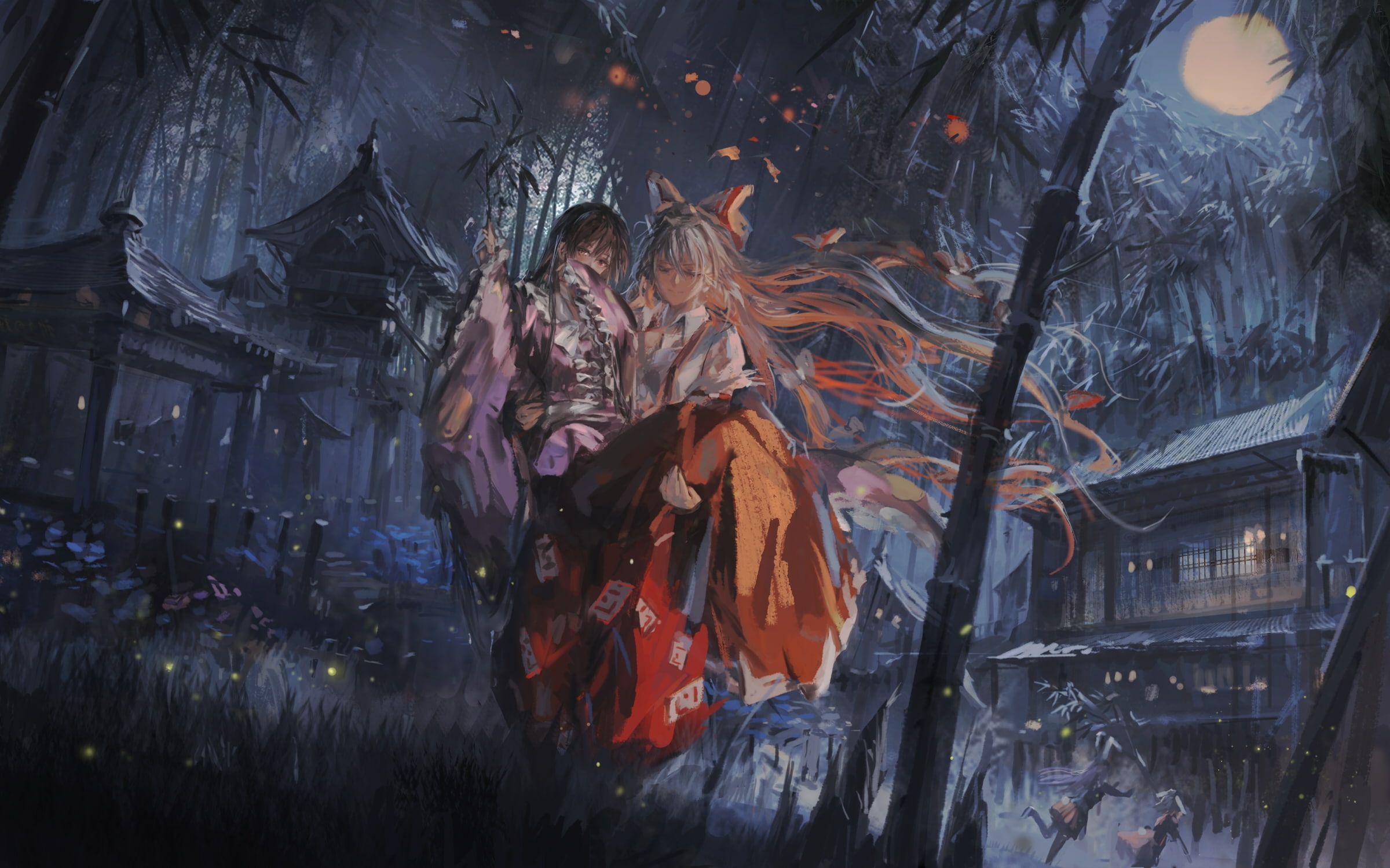 standing, outdoors, touhou, forest, houraisan kaguya, real people, fujiwara no mokou, architecture, lifestyles, building, Anime, building exterior, leisure activity, HD Wallpaper