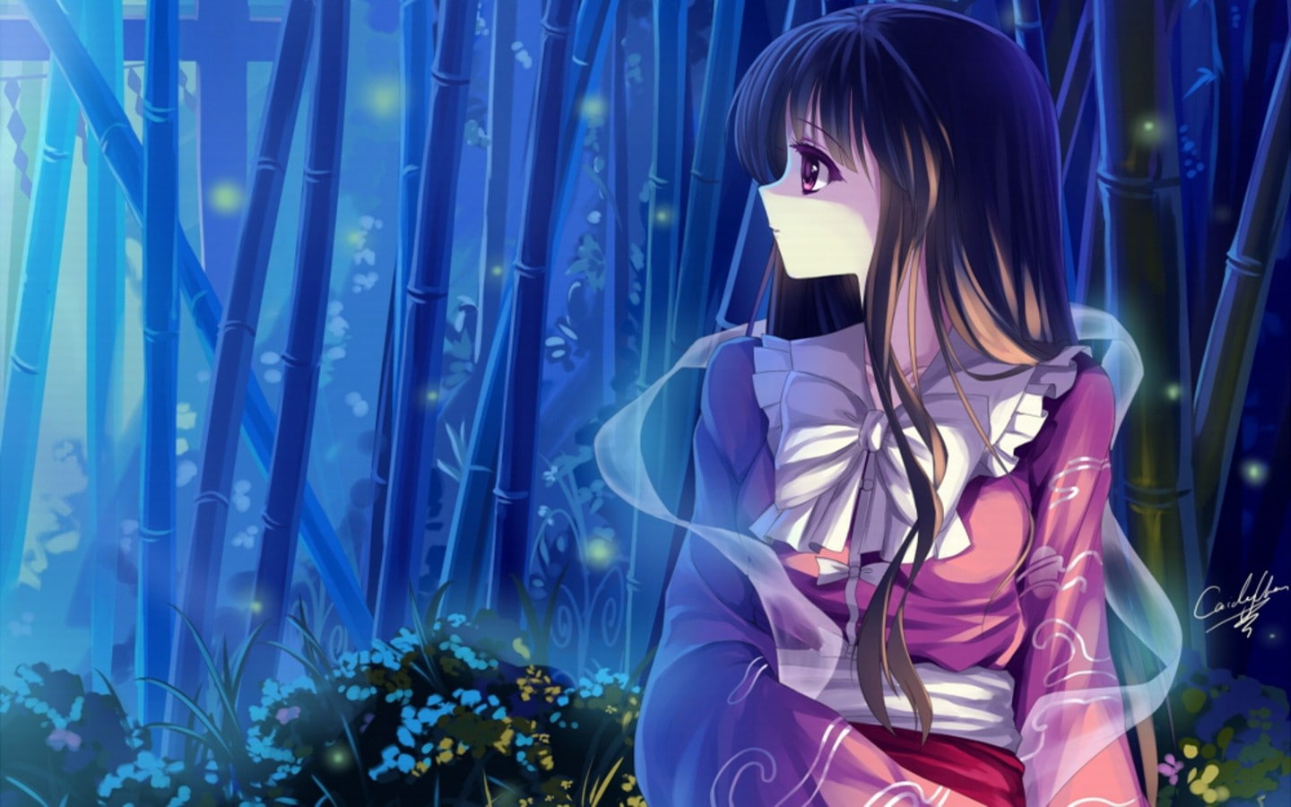 hair, forests, games, kaguya, princess, bamboo, 720P, night, black, touhou, houraisan, purple, video, bows, eyes, long, HD Wallpaper